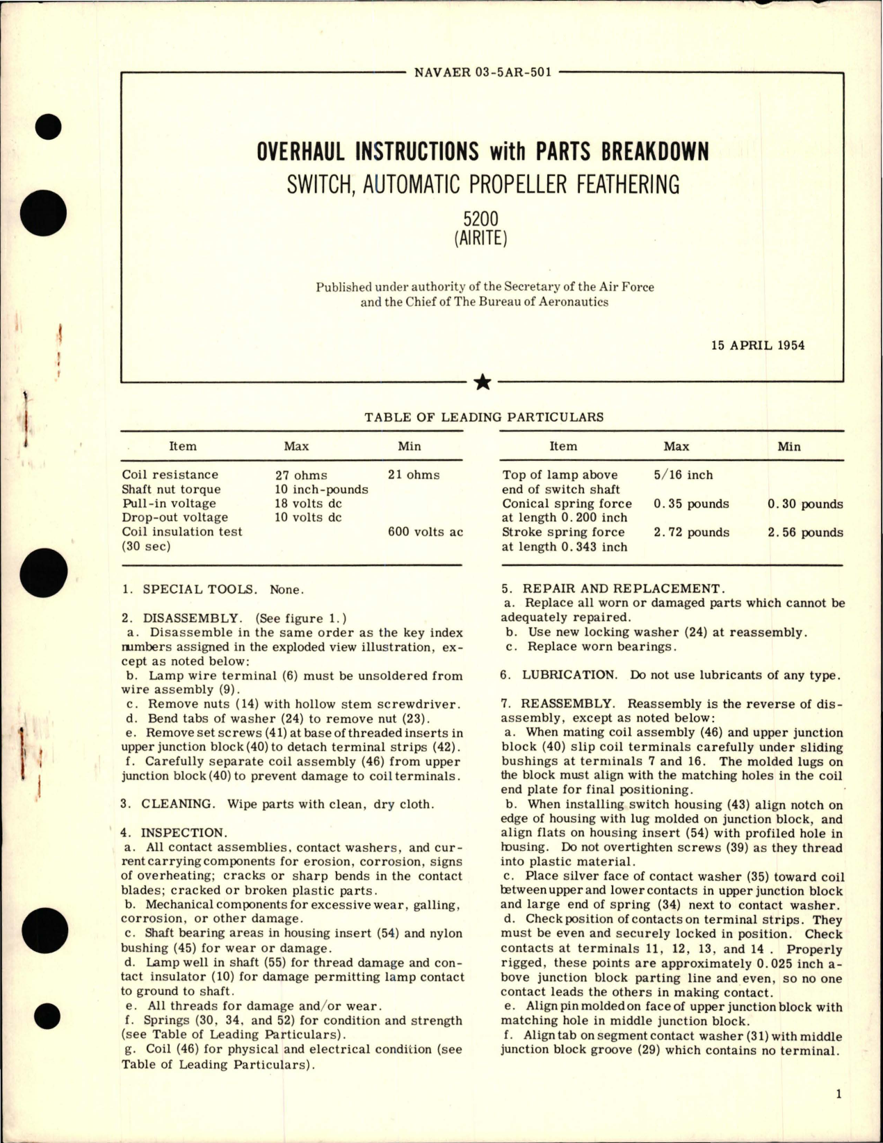 Sample page 1 from AirCorps Library document: Overhaul Instructions with Parts for Automatic Propeller Feathering Switch - 5200