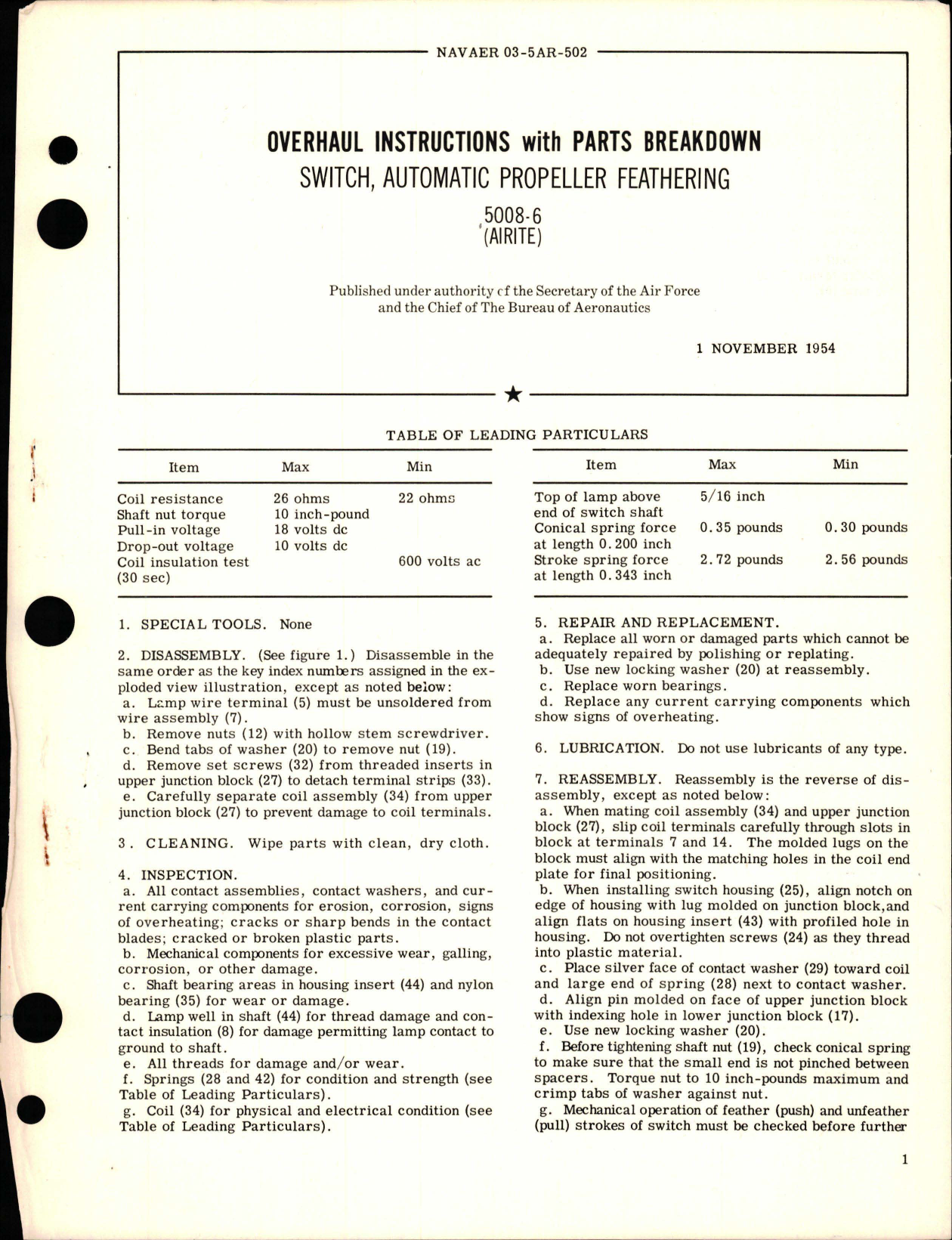 Sample page 1 from AirCorps Library document: Overhaul Instructions with Parts Breakdown for Automatic Propeller Feathering Switch - 5008-6
