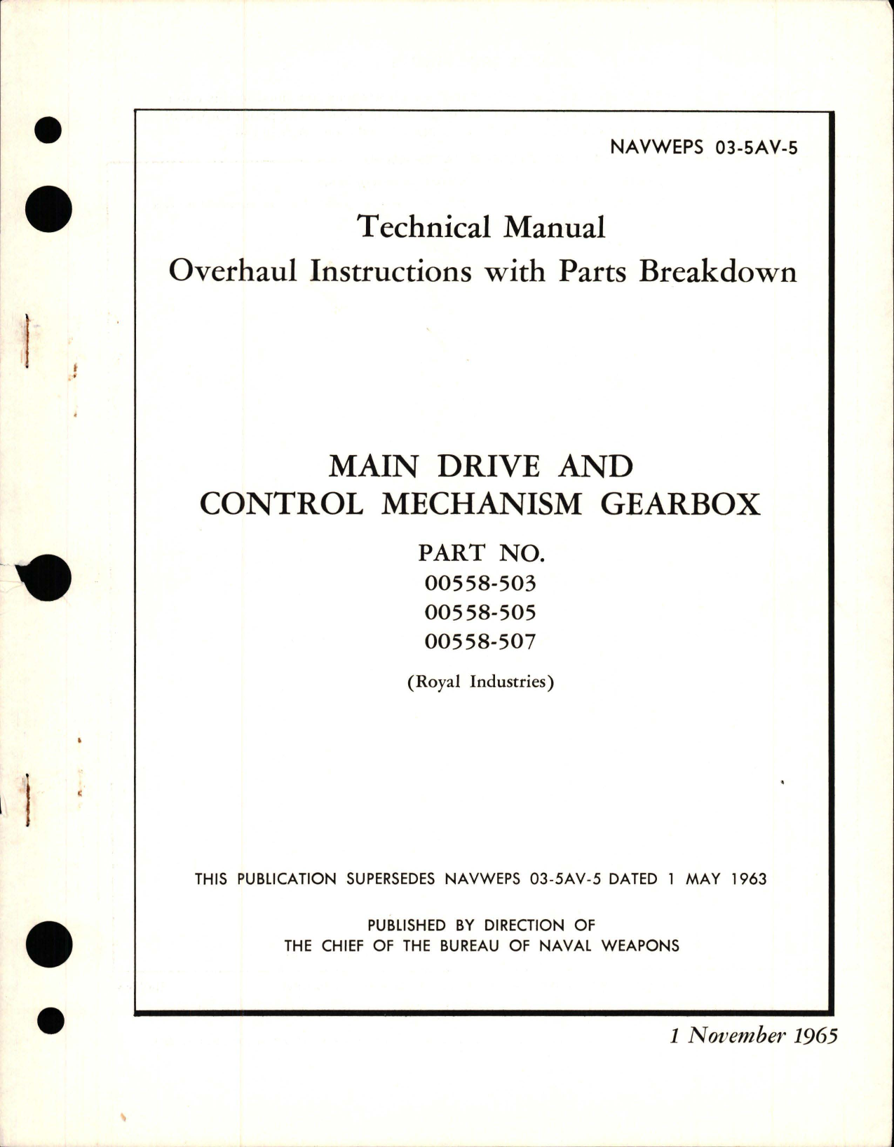 Sample page 1 from AirCorps Library document: Overhaul Instructions with Parts Breakdown for Main Drive and Control Mechanism Gearbox - Parts 00558-503, 00558-505, and 00558-507