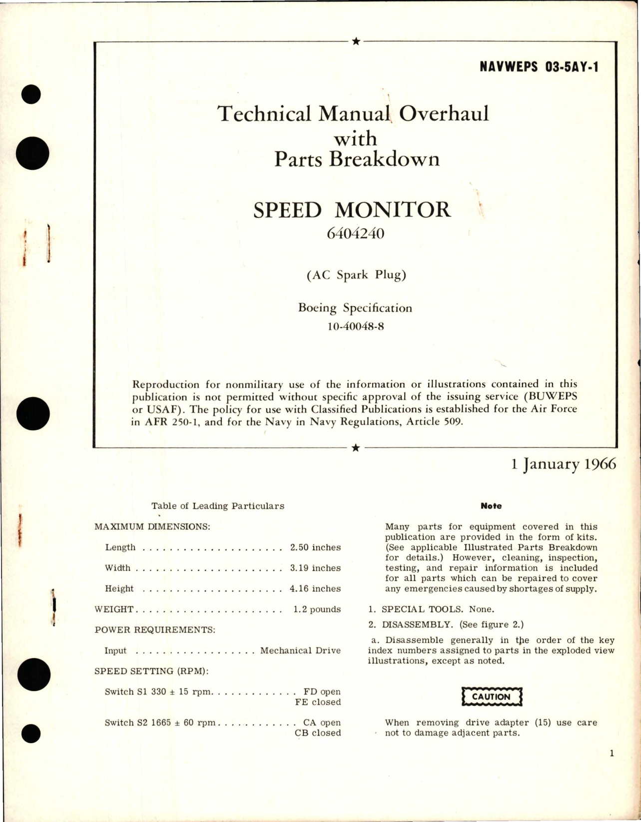 Sample page 1 from AirCorps Library document: Overhaul with Parts Breakdown for Speed Monitor - 6404240