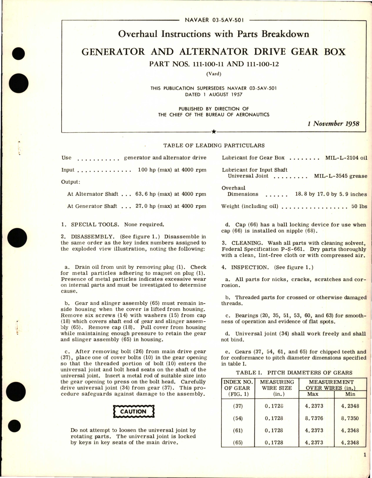 Sample page 1 from AirCorps Library document: Overhaul Instructions with Parts Breakdown for Generator and Alternator Drive Gear Box - Parts 111-100-11 and 111-100-12 