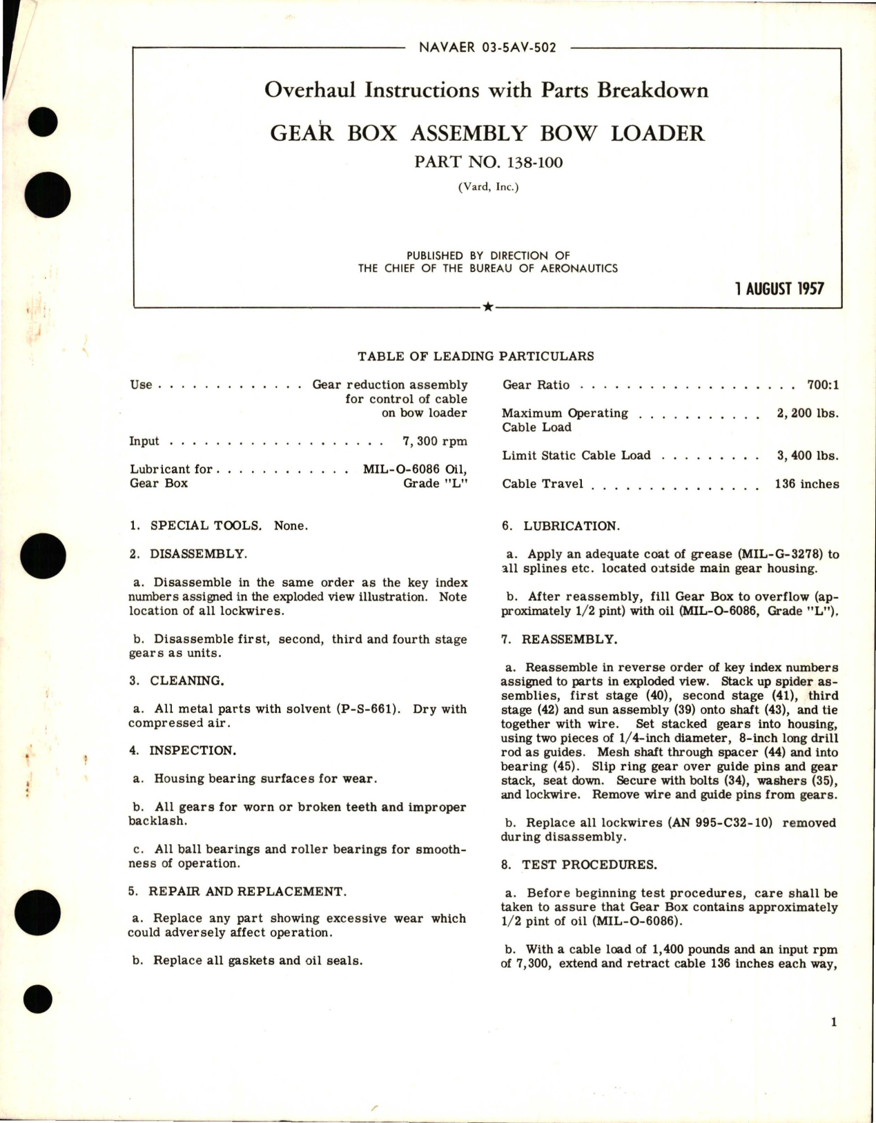 Sample page 1 from AirCorps Library document: Overhaul Instructions with Parts Breakdown for Gear Box Assembly Bow Loader - Part 138-100