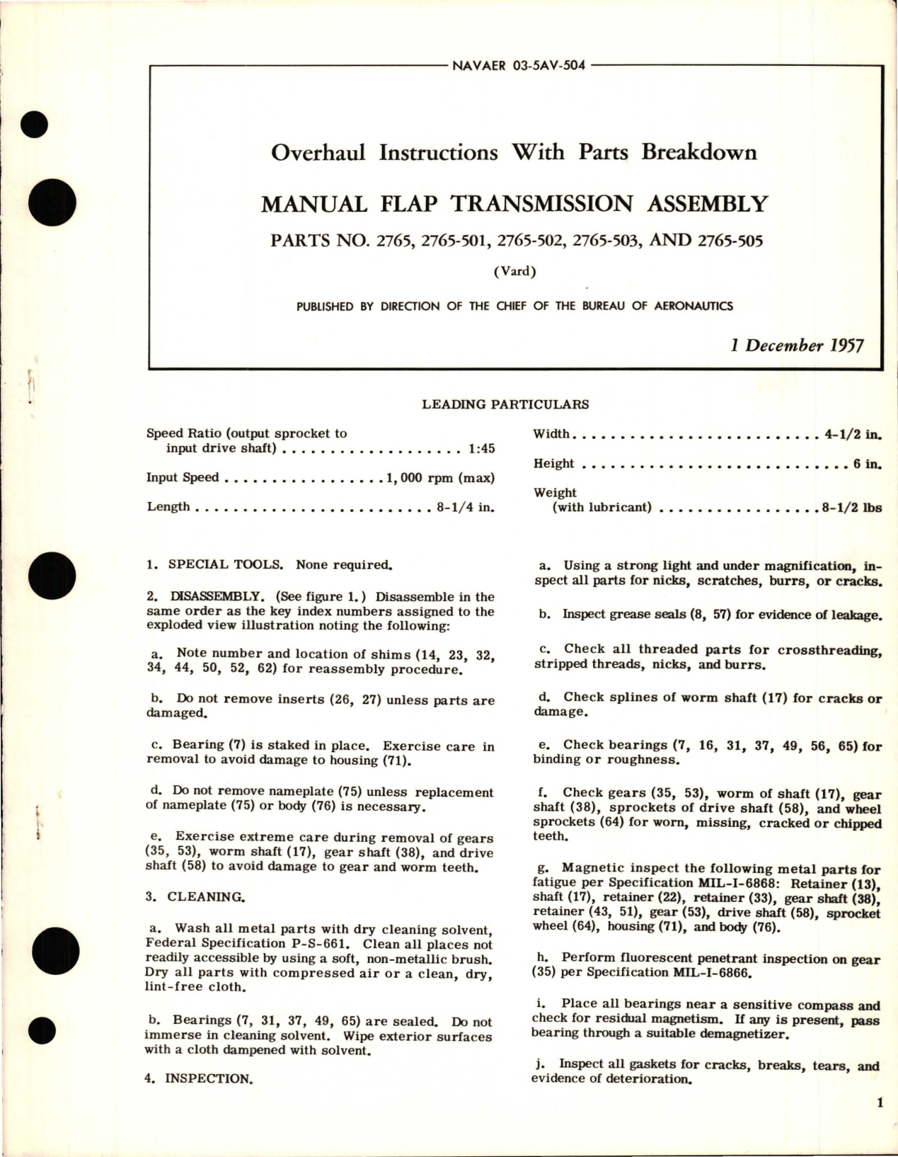 Sample page 1 from AirCorps Library document: Overhaul Instructions with Parts Breakdown for Manual Flap Transmission Assembly