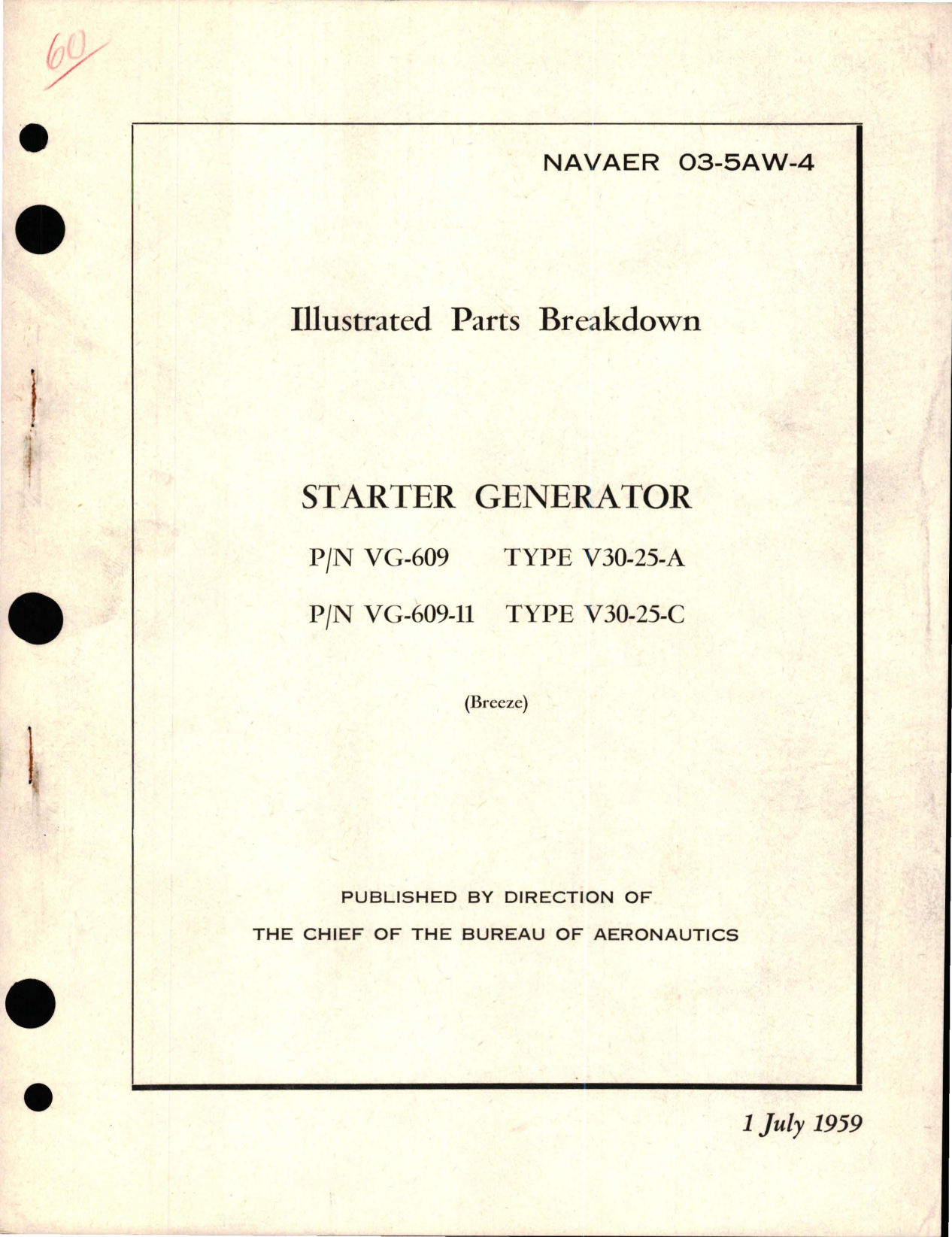 Sample page 1 from AirCorps Library document: Illustrated Parts Breakdown for Starter Generator - Parts VG-609 and VG-609-11 - Types V30-25-A and V30-25-C