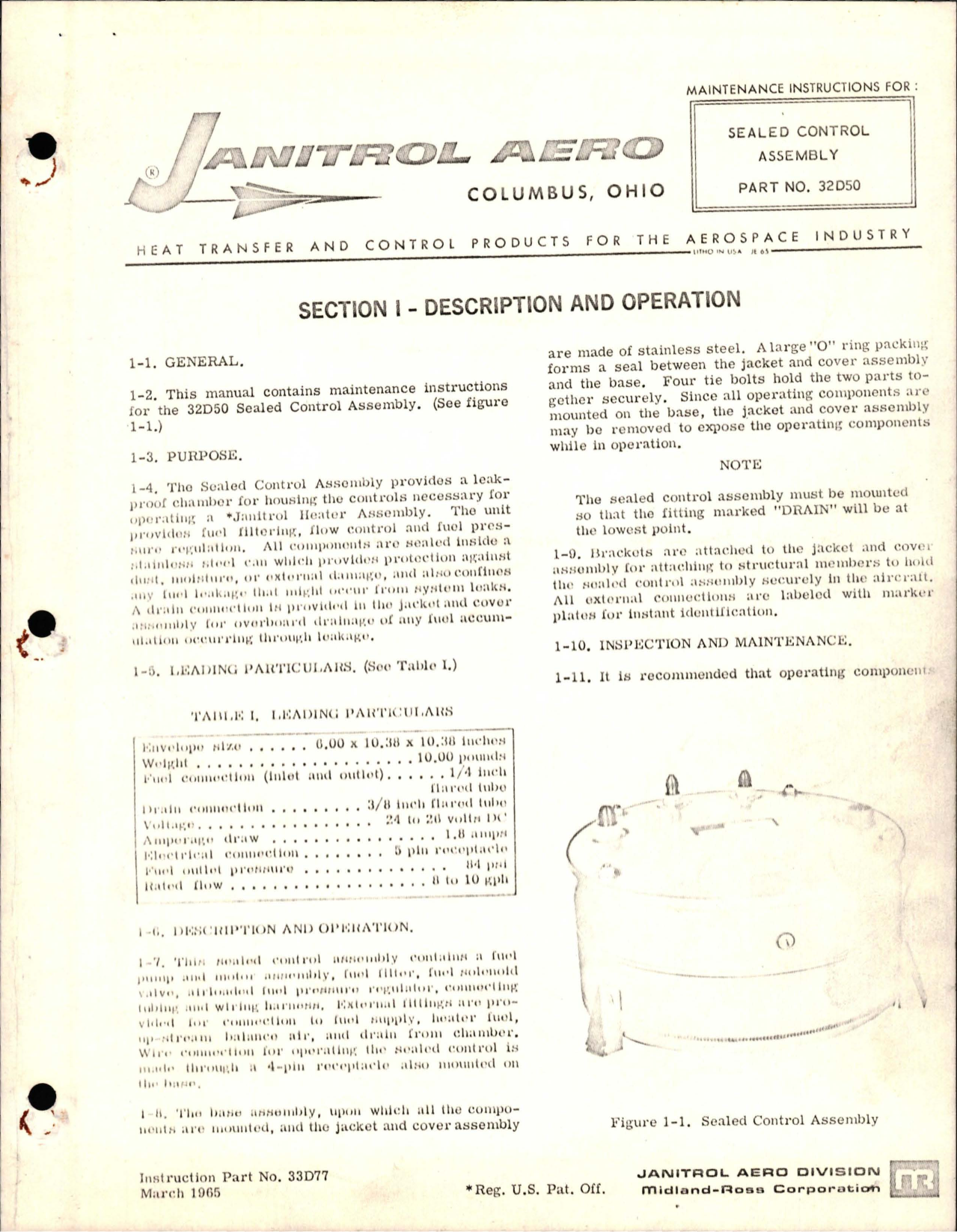 Sample page 1 from AirCorps Library document: Maintenance Instructions for Sealed Control Assembly - Part 32D50