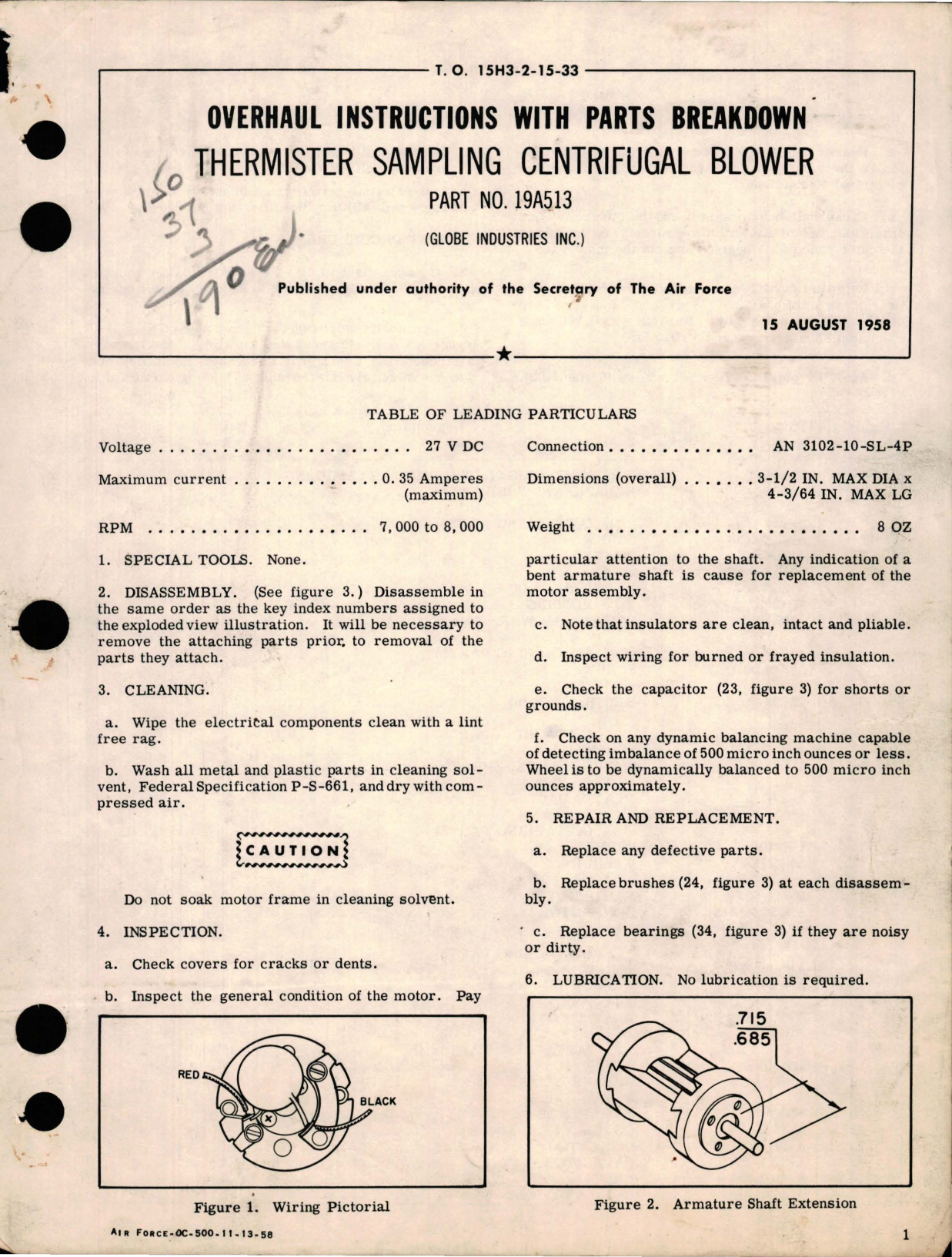 Sample page 1 from AirCorps Library document: Overhaul Instructions with Parts Breakdown for Thermister Sampling Centrifugal Blower - Part 19A513 