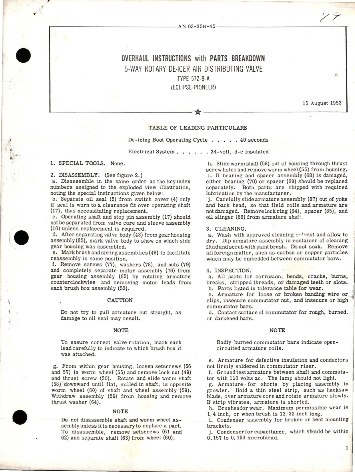 Sample page 1 from AirCorps Library document: Overhaul Instructions with Parts Breakdown for 5-Way Rotary De-Icer Air Distributing Valve - Type 572-8-A