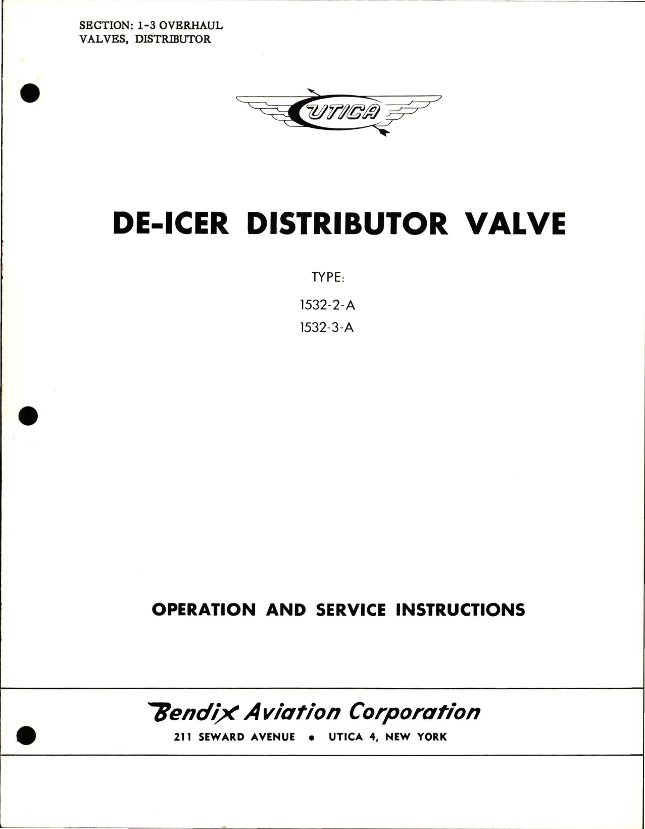Sample page 1 from AirCorps Library document: Operation and Service Instructions for De-Icer Distributor Valve - Types 1532-2-A and 1532-3-A 
