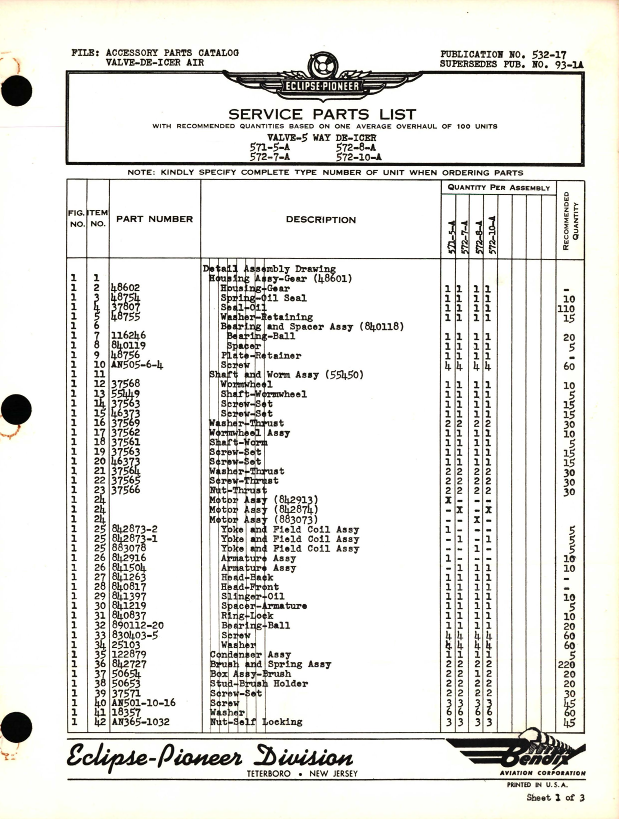 Sample page 1 from AirCorps Library document: Service Parts List for 5 Way De-Icer Valve - 571-5-A, 572-7-A, 572-8-A, and 572-10-A 