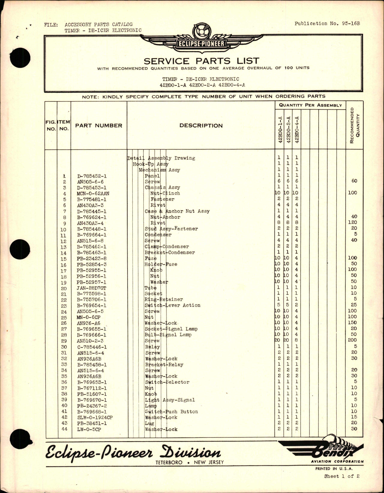 Sample page 1 from AirCorps Library document: Service Parts List for De-Icer Electronic Timer - 42E00-1-A, 42E00-2-A, and 42E00-4-A 