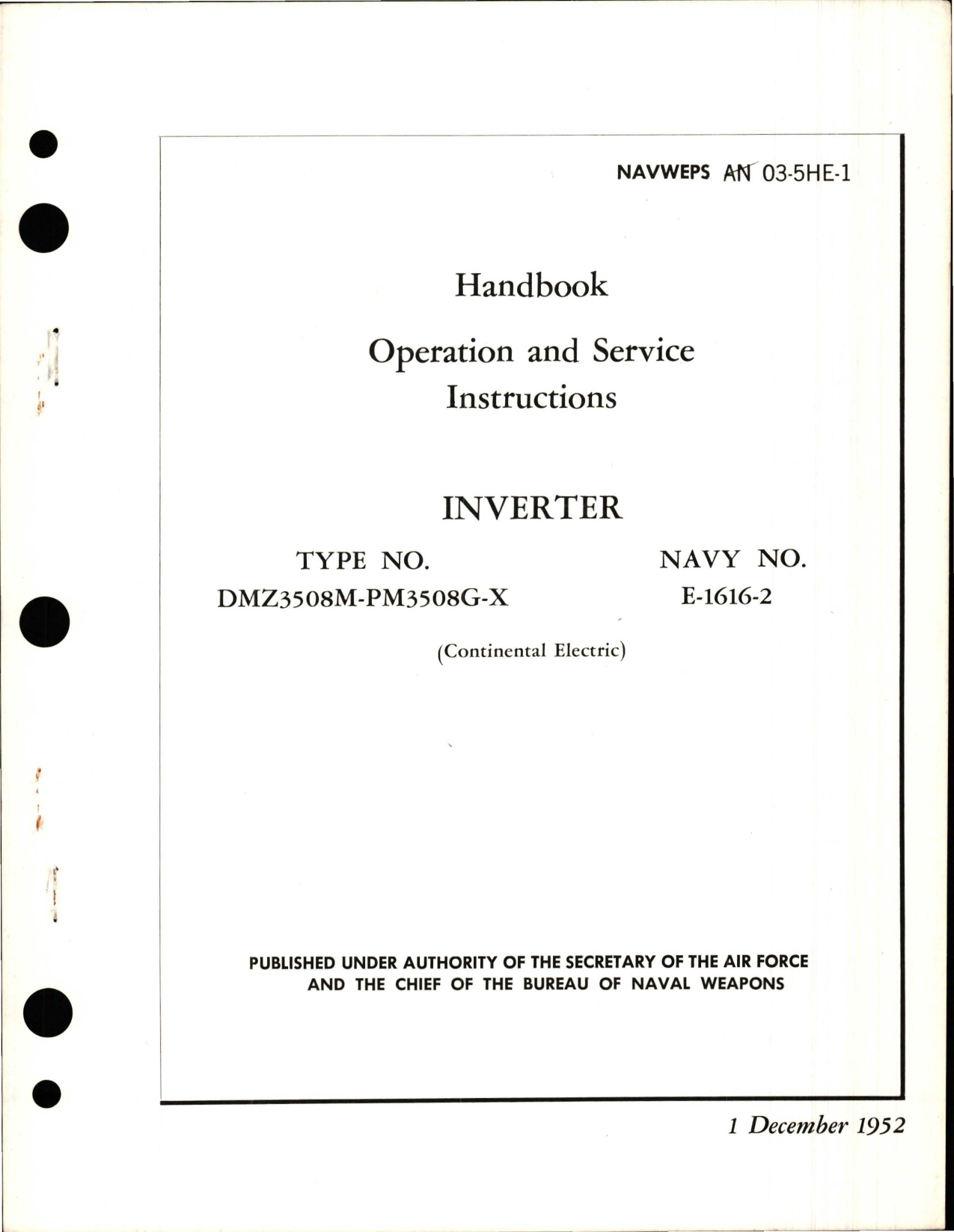 Sample page 1 from AirCorps Library document: Operation and Service Instructions for Inverter - Type DMZ3508M-PM3508G-X
