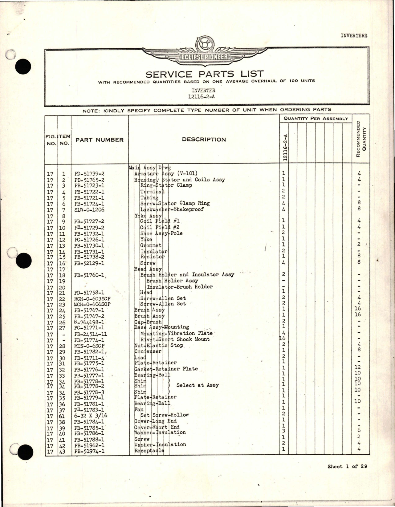 Sample page 1 from AirCorps Library document: Service Parts List for Inverter 