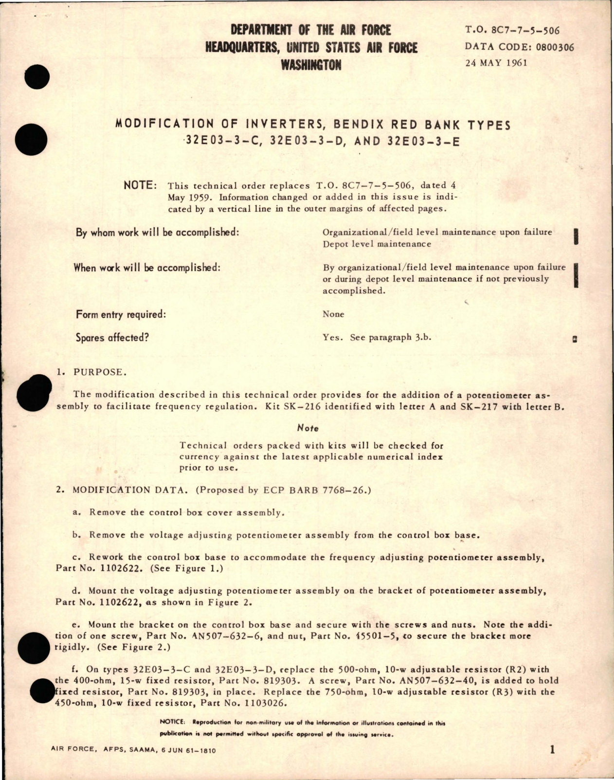 Sample page 1 from AirCorps Library document: Modification of Inverters - Types 32E03-3-C, 32E03-3-D, and 32E03-3-E