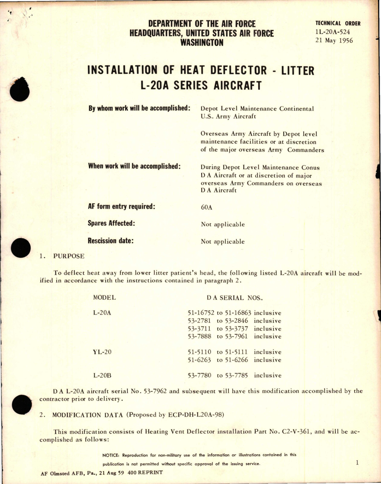 Sample page 1 from AirCorps Library document: Installation of Heat Deflector - Litter - L-20A Series