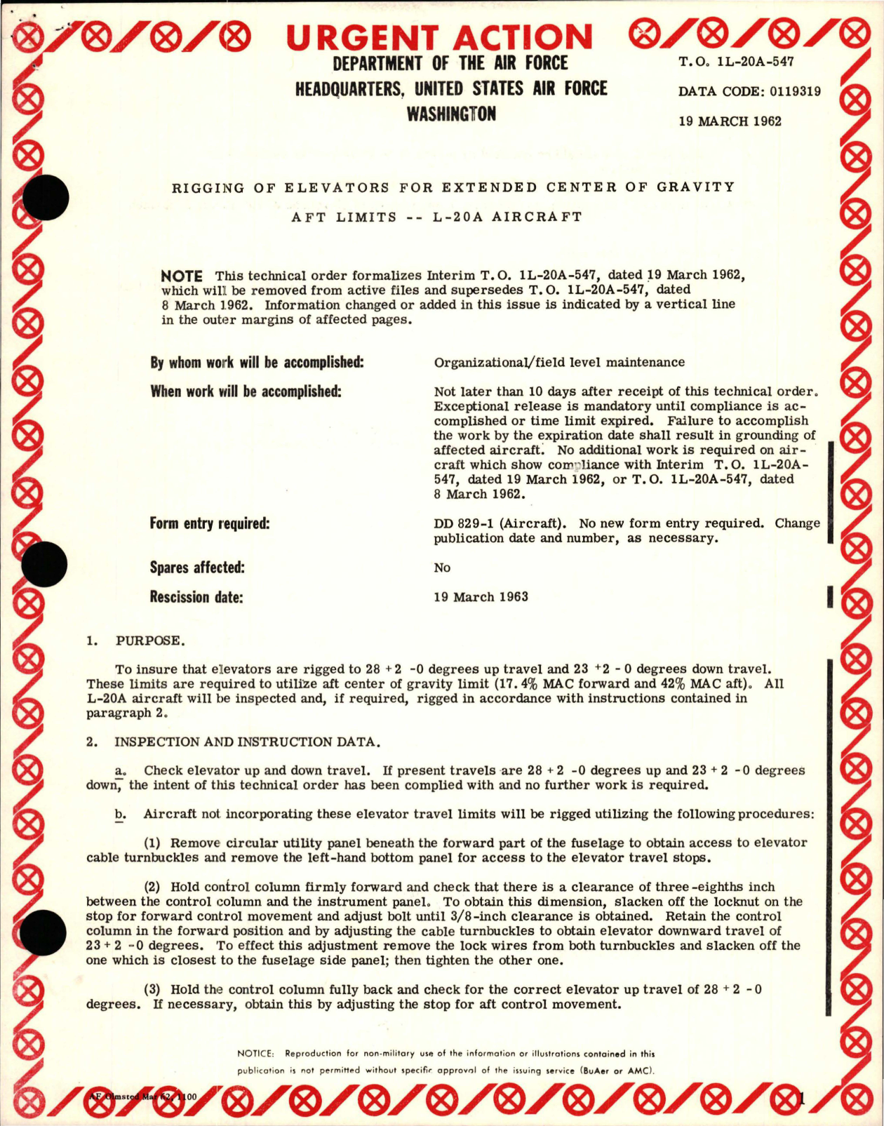 Sample page 1 from AirCorps Library document: Rigging of Elevators for Extended Center of Gravity AFT Limits - L-20A