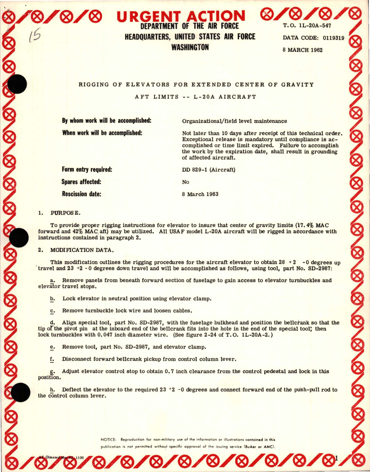 Sample page 1 from AirCorps Library document: Rigging of Elevators for Extended Center of Gravity AFT Limits - L-20A