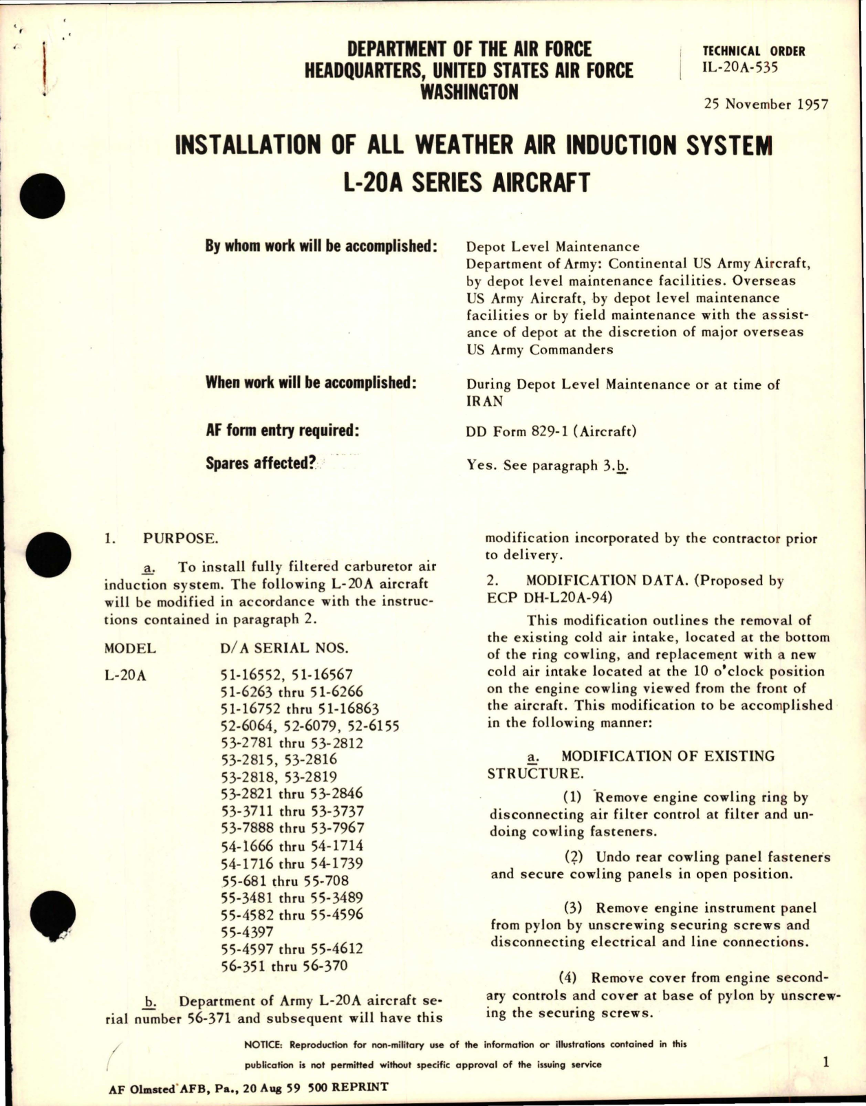 Sample page 1 from AirCorps Library document: Installation of All Weather Air Induction System - L-20A Series
