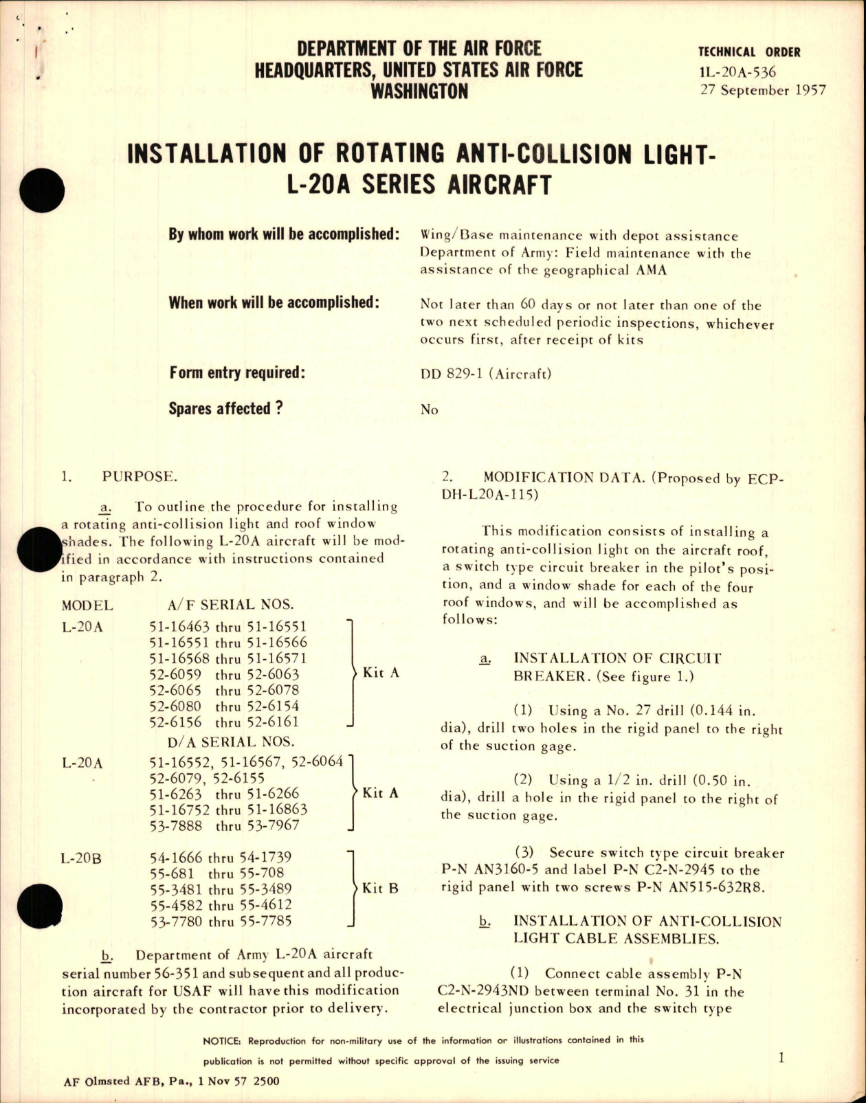 Sample page 1 from AirCorps Library document: Installation of Rotating Anti-Collision Light - L-20A Series