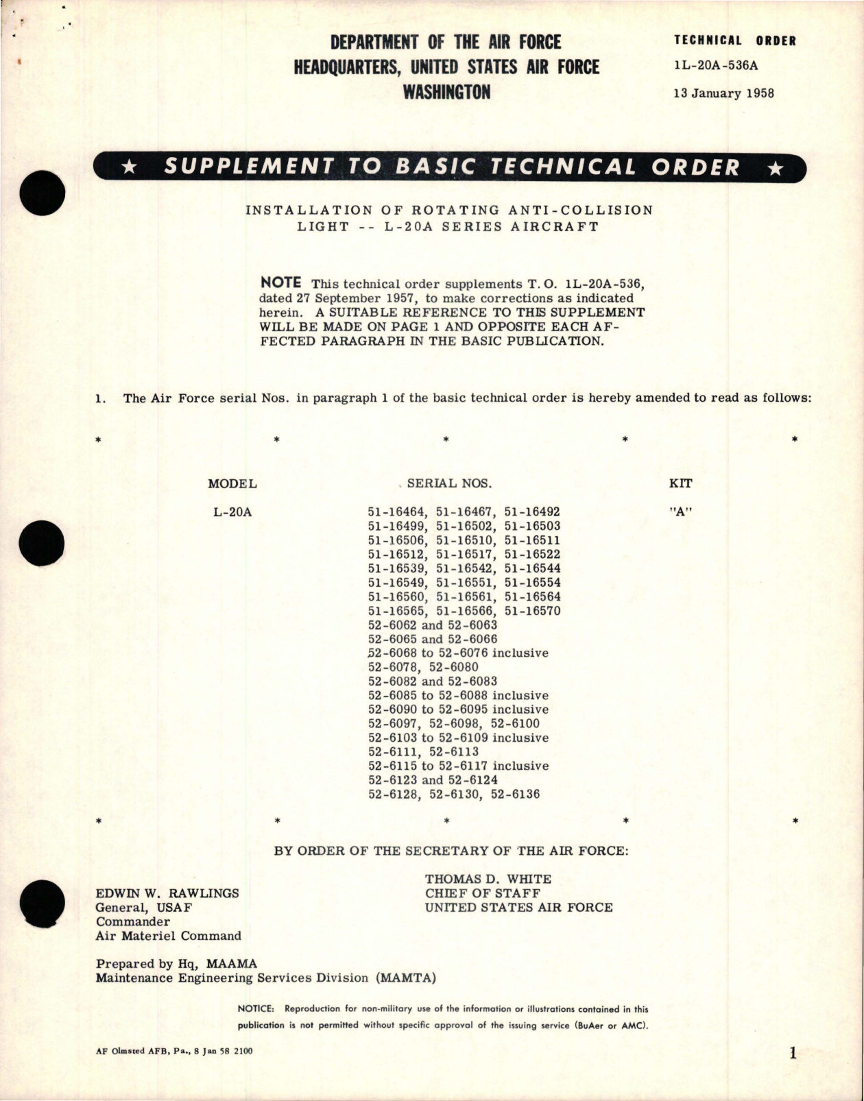 Sample page 1 from AirCorps Library document: Supplement to Installation of Rotating Anti-Collision Light - L-20A Series