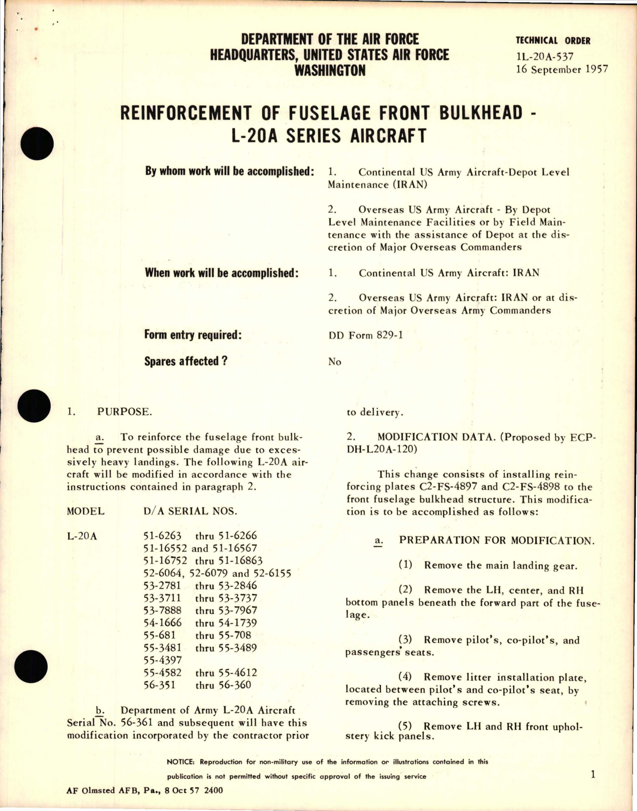 Sample page 1 from AirCorps Library document: Reinforcement of Fuselage Front Bulkhead - L-20A Series