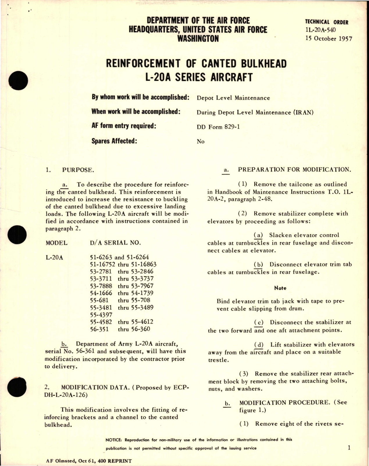 Sample page 1 from AirCorps Library document: Reinforcement of Canted Bulkhead - L-20 Series