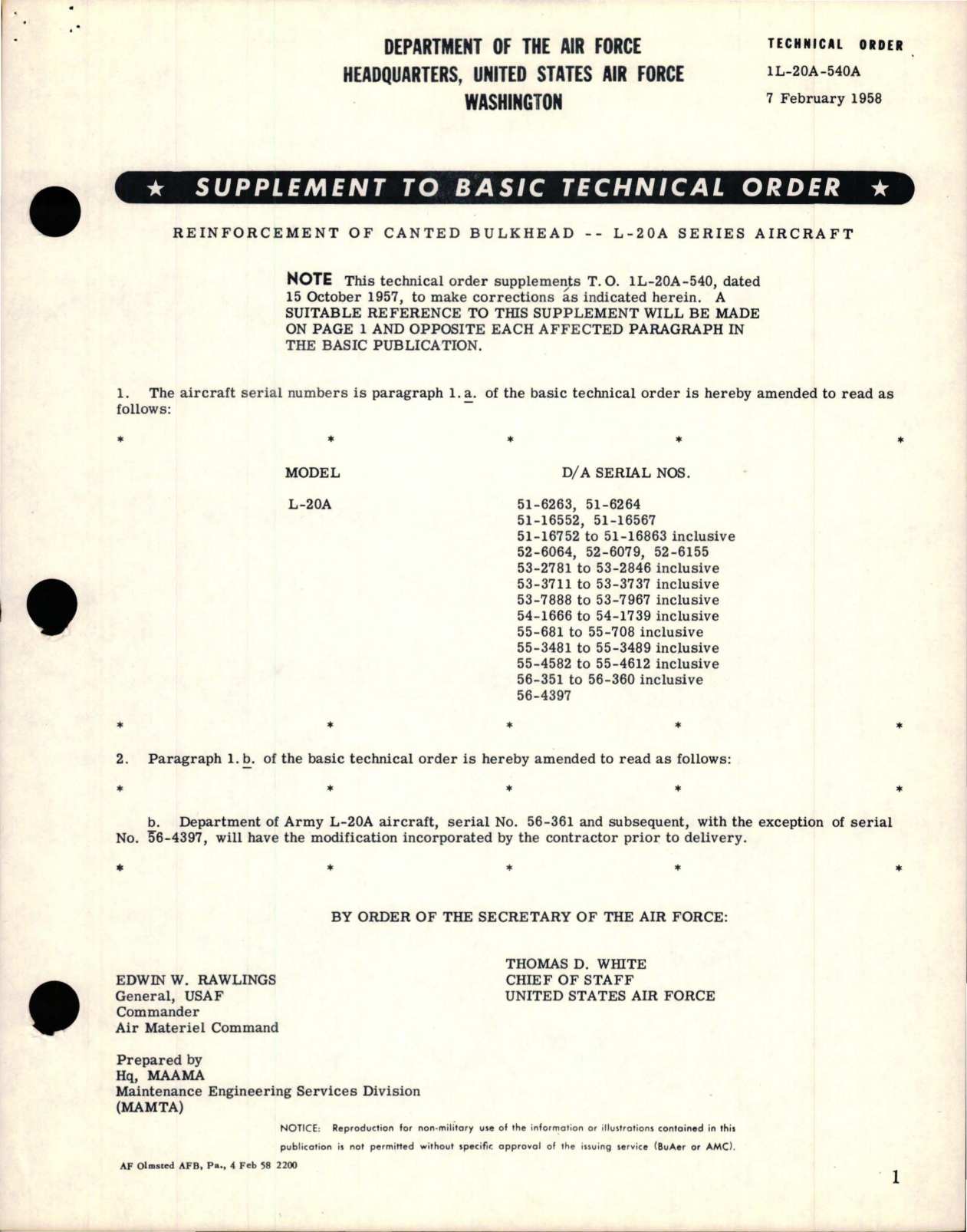 Sample page 1 from AirCorps Library document: Supplement to Reinforcement of Canted Bulkhead - L-20 Series