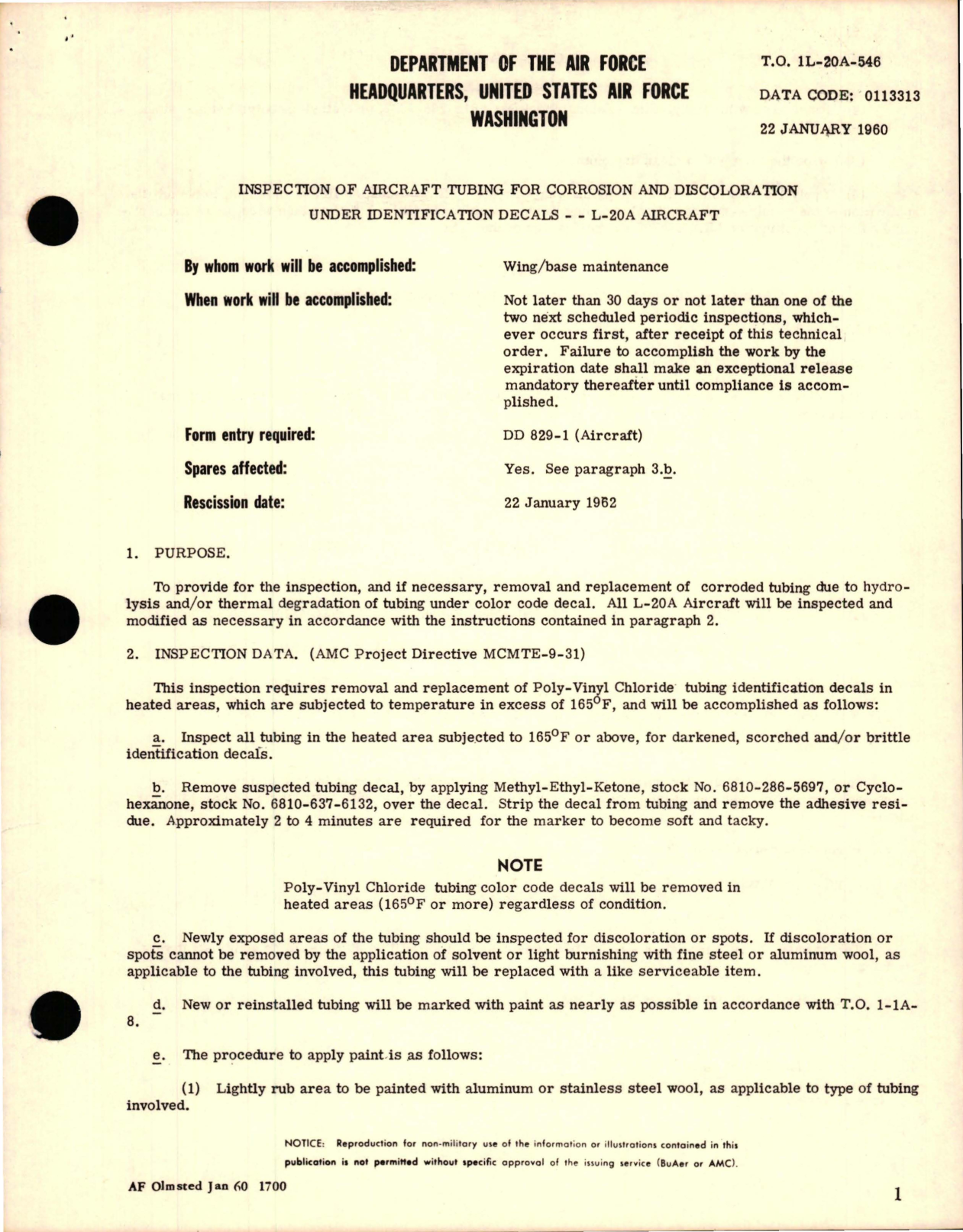 Sample page 1 from AirCorps Library document: Inspection of Tubing for Corrosion and Discoloration Under Identification Decals - L-20A