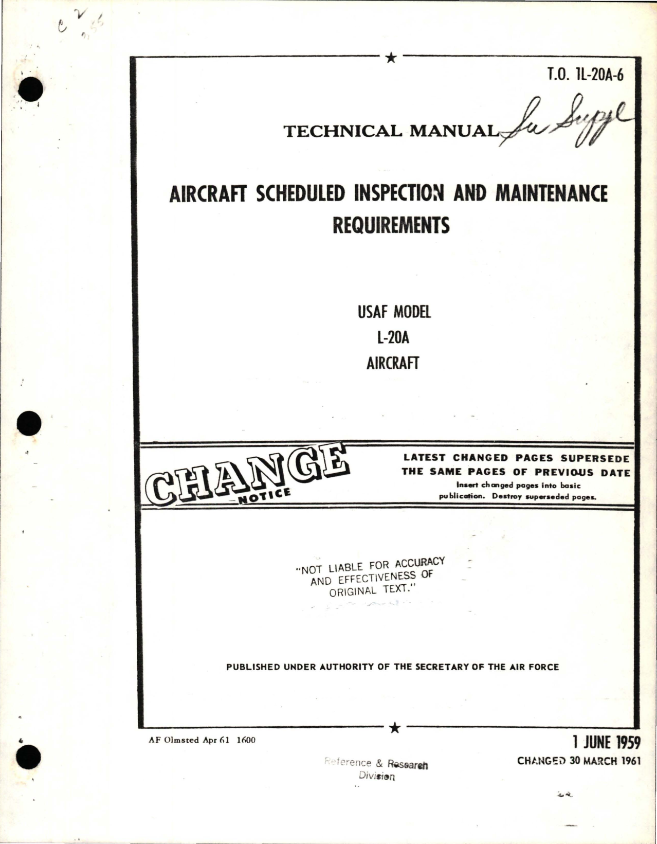 Sample page 1 from AirCorps Library document: Scheduled Inspection and Maintenance Requirements for L-20A
