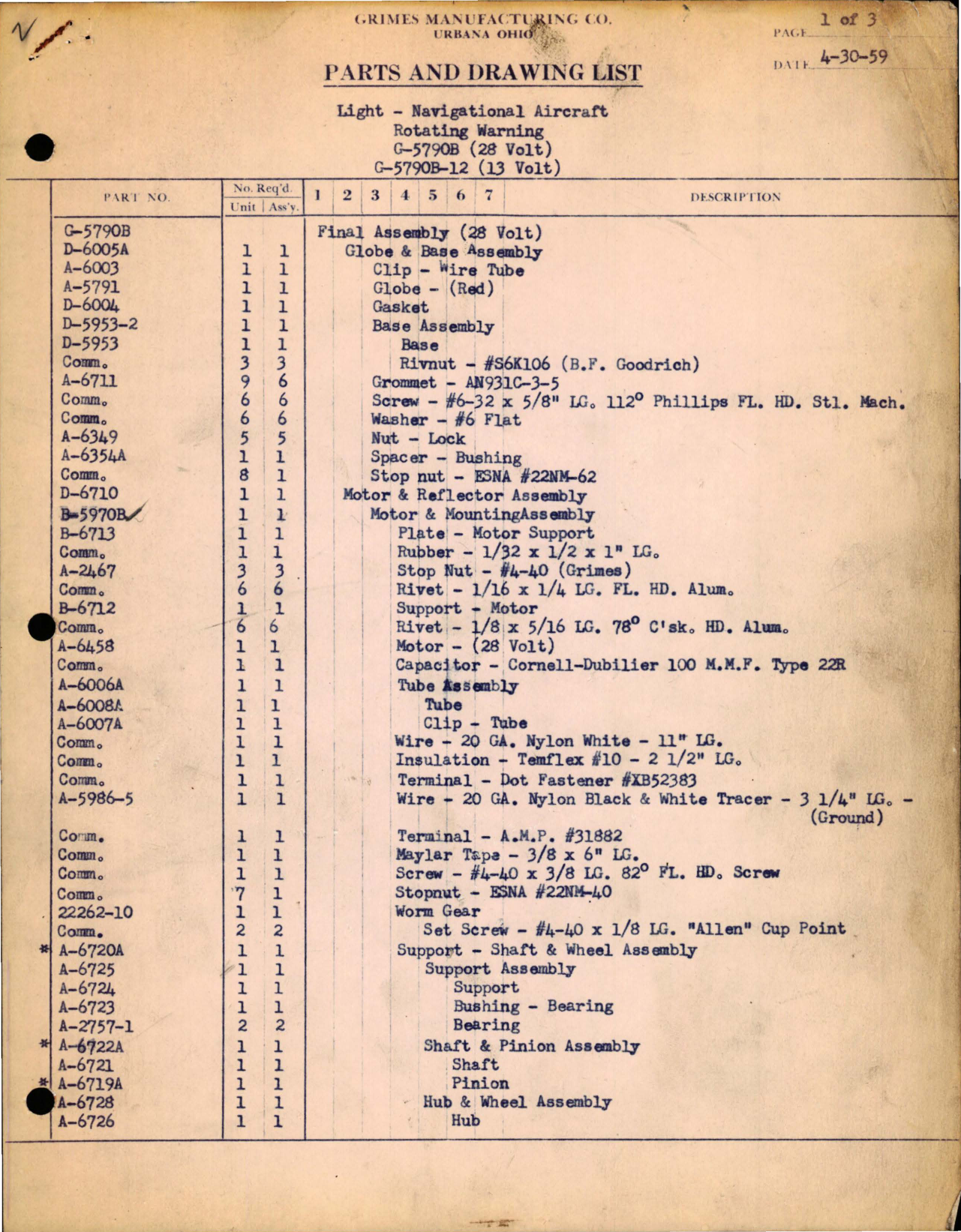 Sample page 1 from AirCorps Library document: Parts and Drawing List for Rotating Warning Light - G-5790B (28 Volt) and G-5790B-12 (13 Volt) 