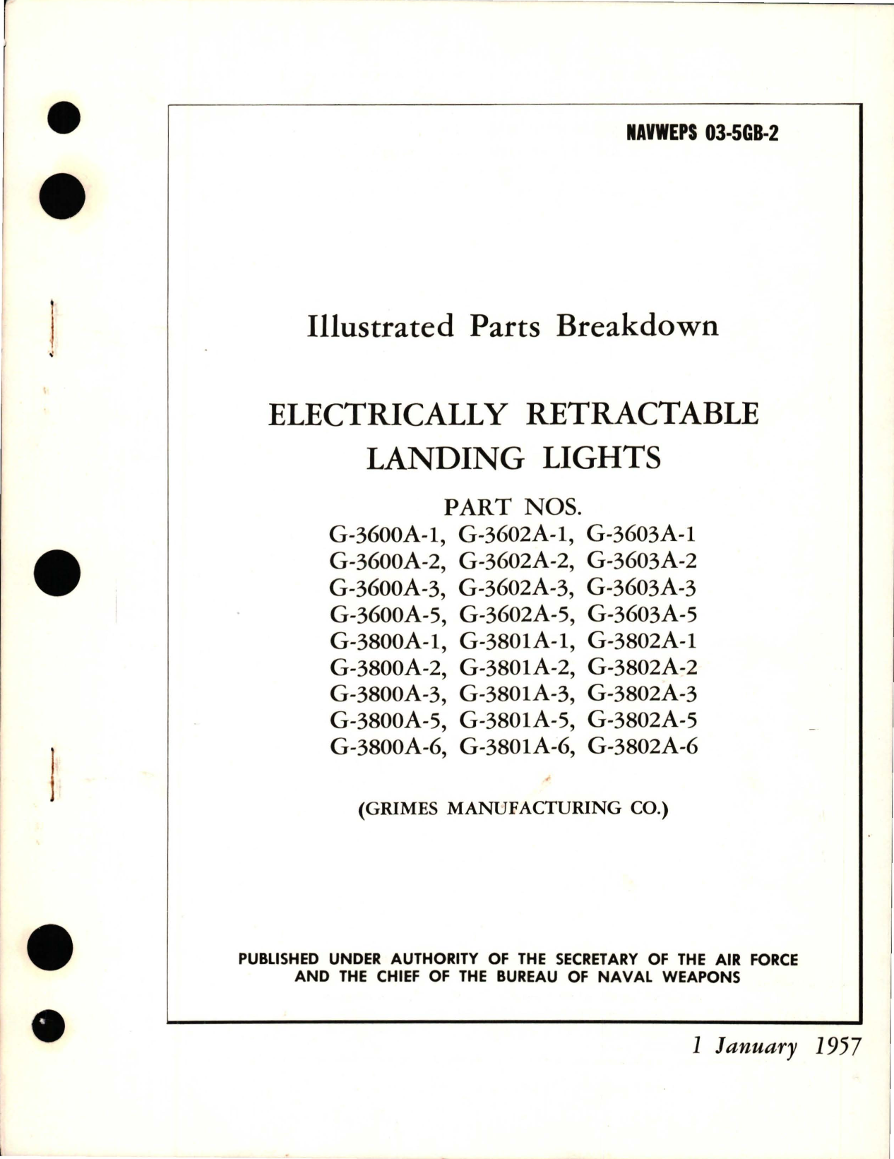 Sample page 1 from AirCorps Library document: Illustrated Parts Breakdown for Electrically Retractable Landing Lights