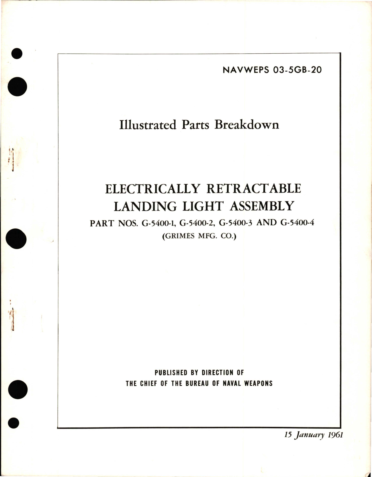 Sample page 1 from AirCorps Library document: Illustrated Parts Breakdown for Electrically Retractable Landing Light Assembly 