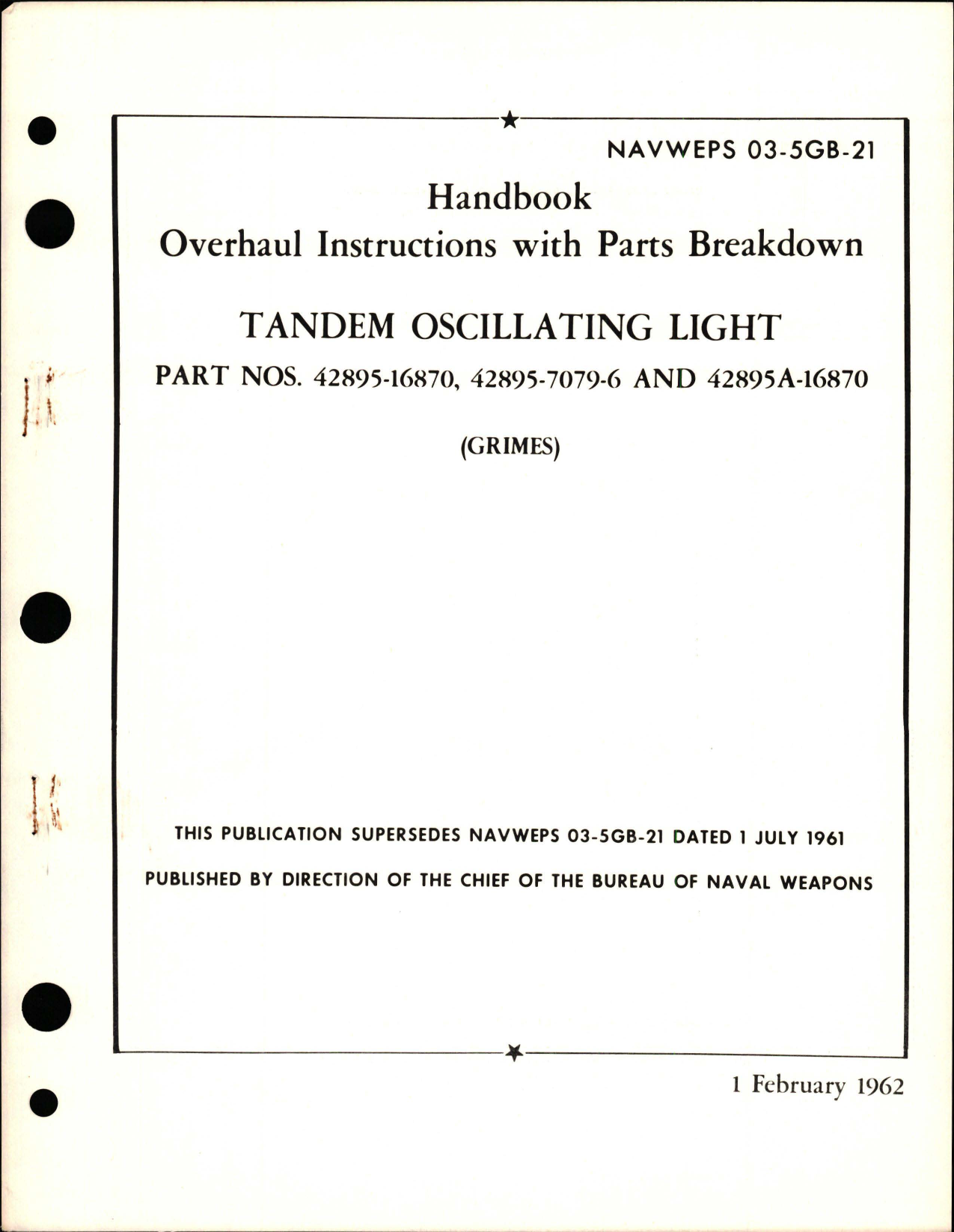 Sample page 1 from AirCorps Library document: Overhaul Instructions with Parts Breakdown for Tandem Oscillating Light - Parts 42895-16870, 42895-7079-6, and 42895A-16870 