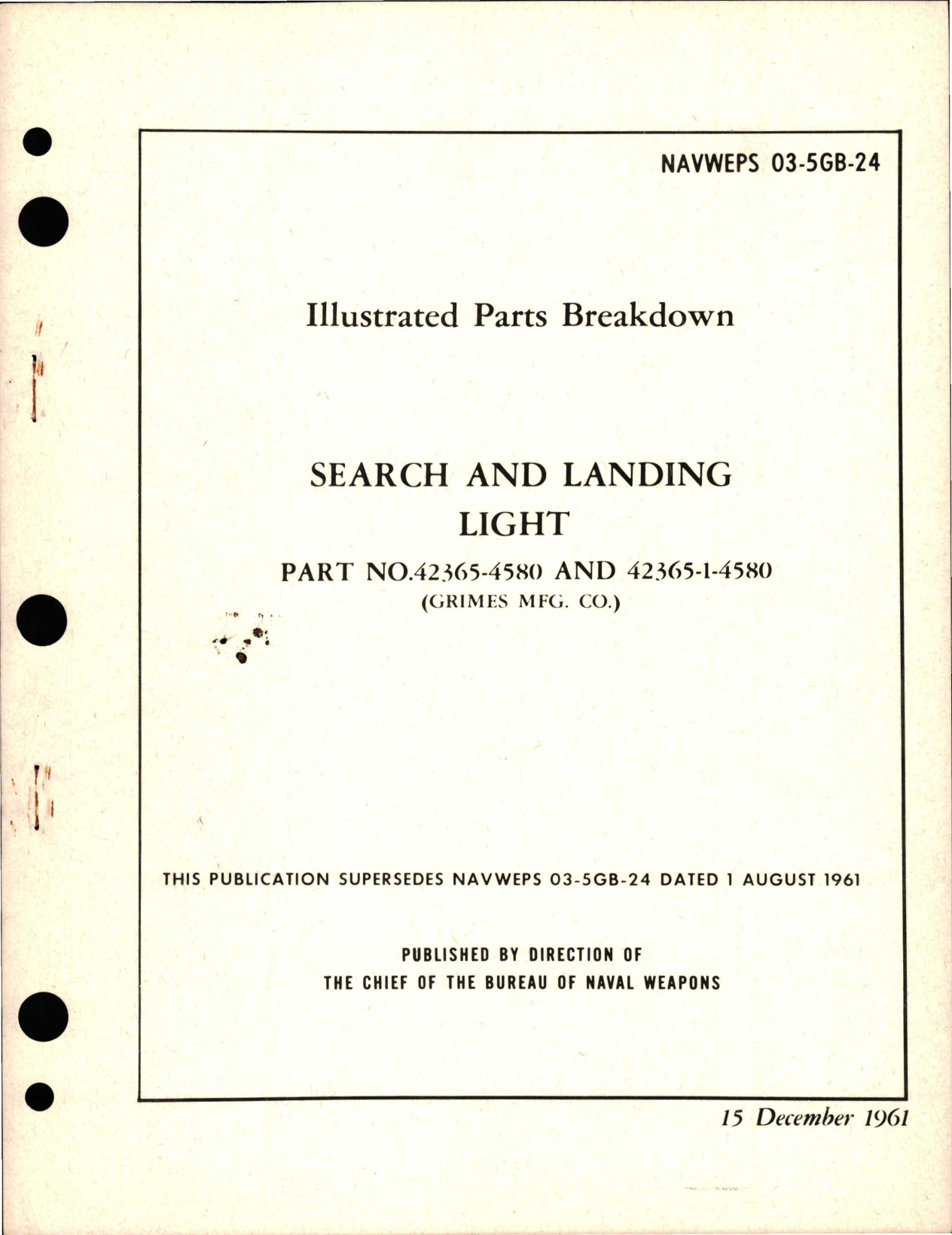 Sample page 1 from AirCorps Library document: Illustrated Parts Breakdown for Search and Landing Light - Parts 42365-4580 and 42365-1-4580
