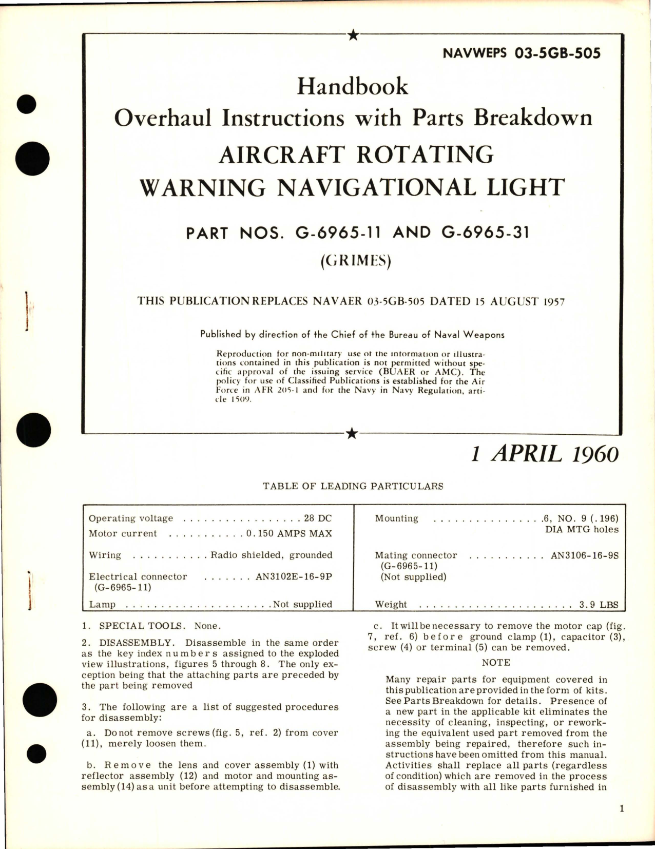 Sample page 1 from AirCorps Library document: Overhaul Instructions with Parts Breakdown for Rotating Warning Navigational Light - Parts G-6965-11 and G-6965-31