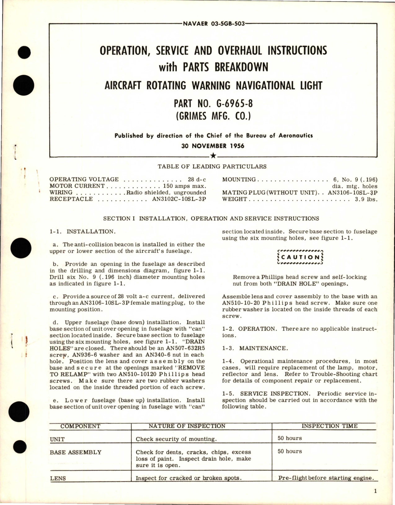 Sample page 1 from AirCorps Library document: Operation, Service and Overhaul Instructions with Parts Breakdown for Rotating Warning Navigational Light - Part G-6965-8
