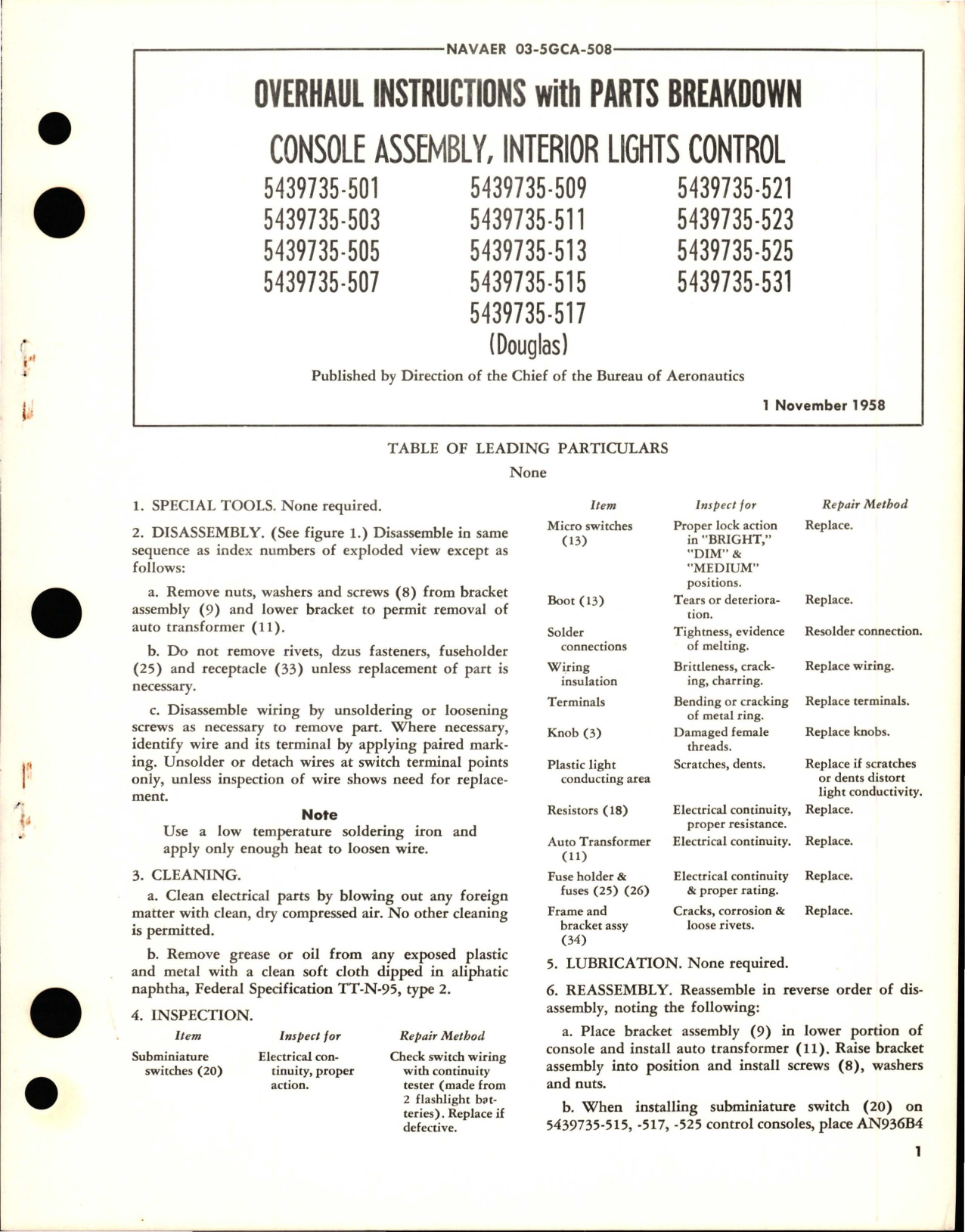 Sample page 1 from AirCorps Library document: Overhaul Instructions with Parts Breakdown for Interior Lights Control Console Assembly 
