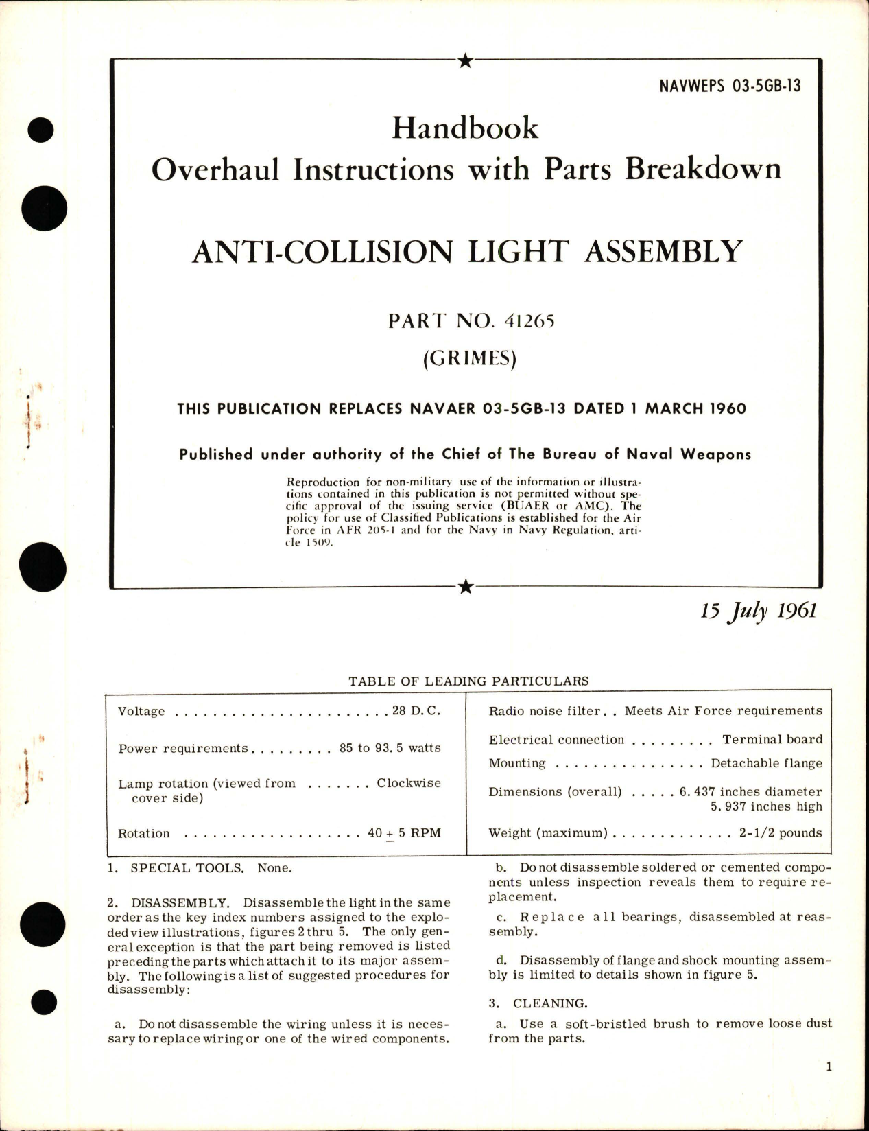 Sample page 1 from AirCorps Library document: Overhaul Instructions with Parts Breakdown for Anti-Collision Light Assembly - Part 41265 