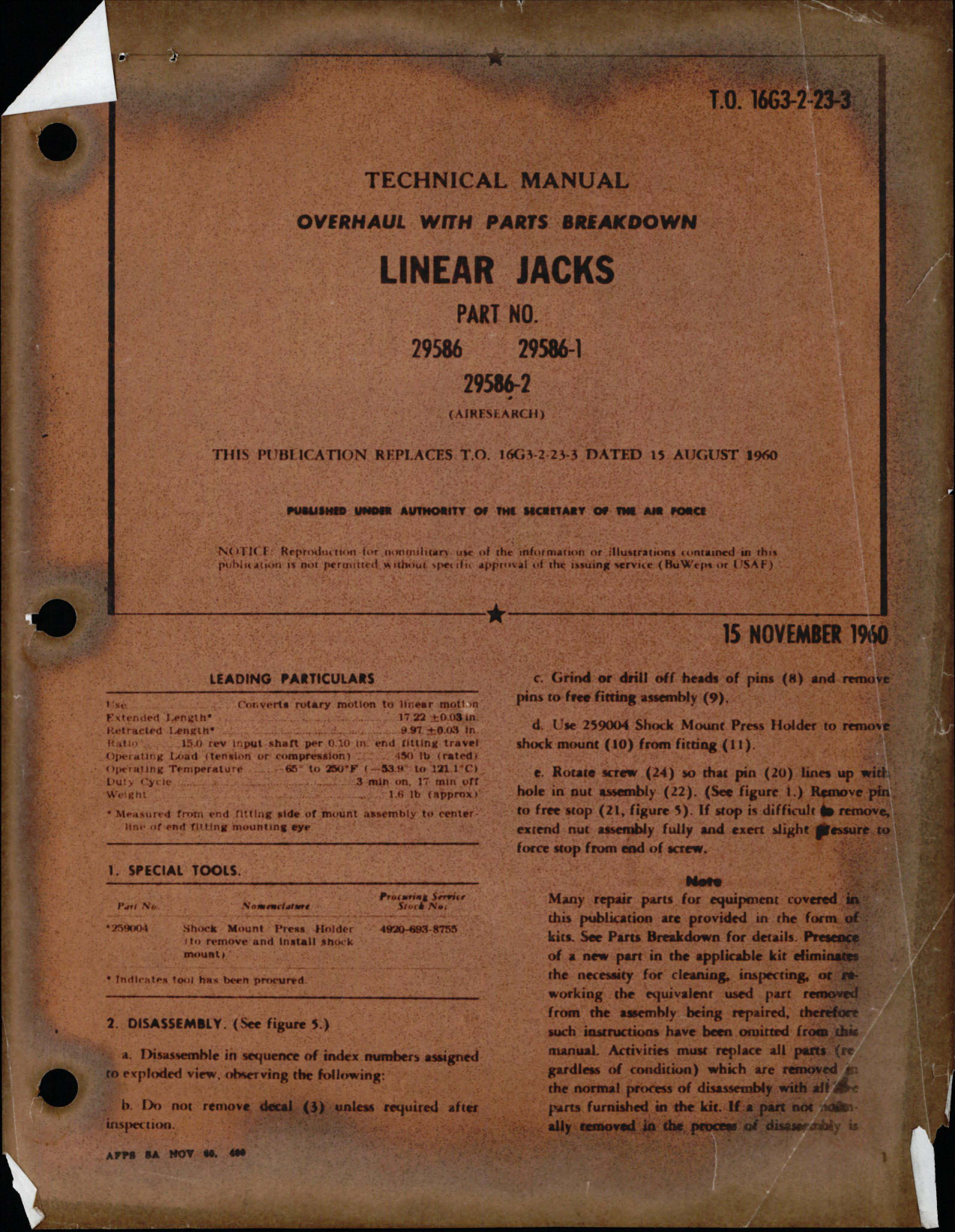 Sample page 1 from AirCorps Library document: Overhaul with Parts Breakdown for Linear Jacks - Parts 29586, 29586-1, and 29586-2