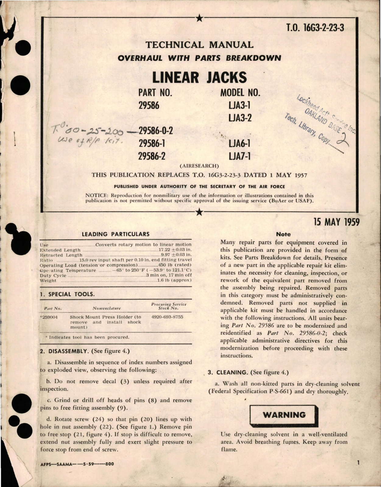 Sample page 1 from AirCorps Library document: Overhaul with Parts Breakdown for Linear Jacks - Parts 29586, 29586-1, 29586-2, and 29586-0-2 