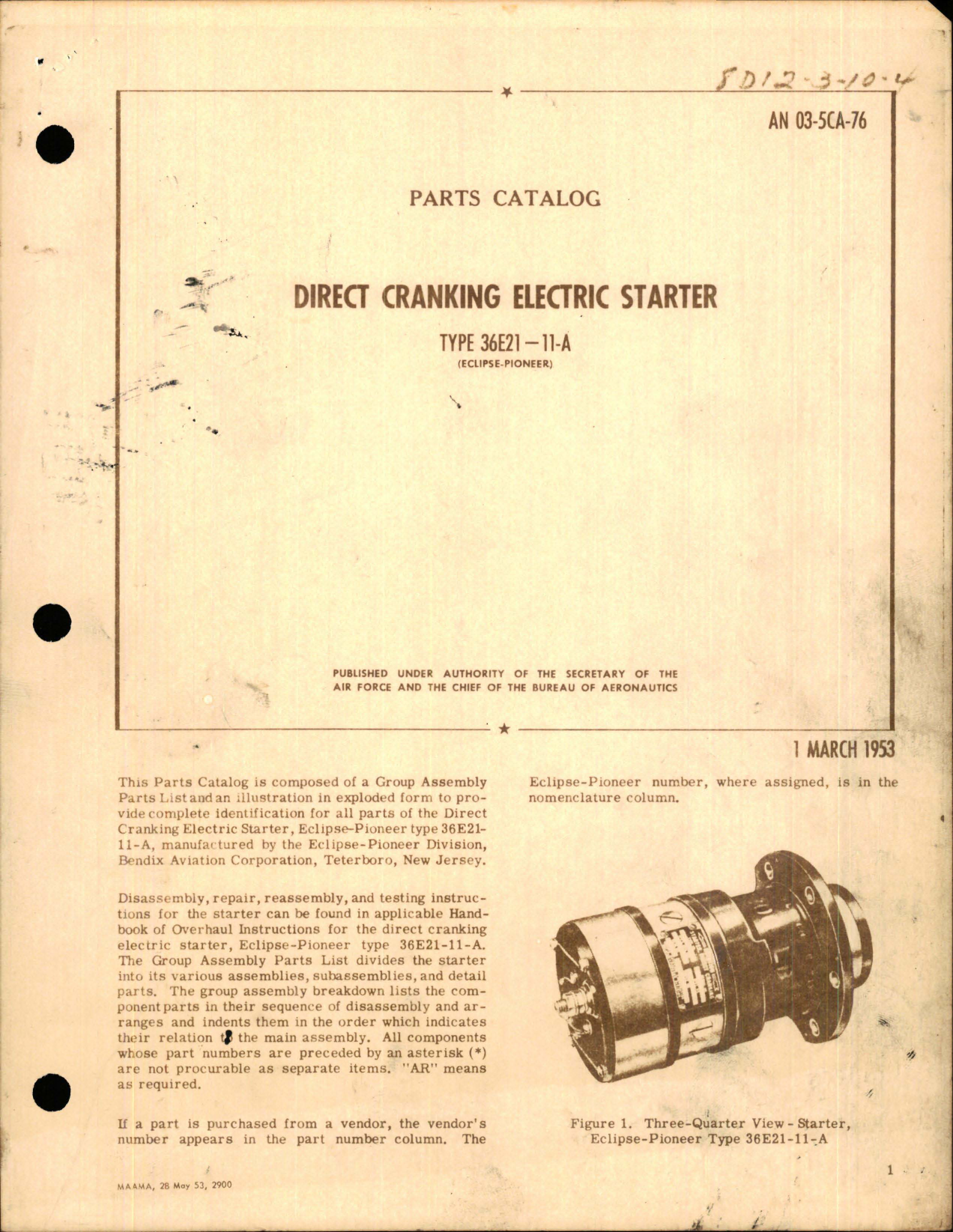 Sample page 1 from AirCorps Library document: Parts Catalog for Direct Cranking Electric Starter - Type 36E21-11-A