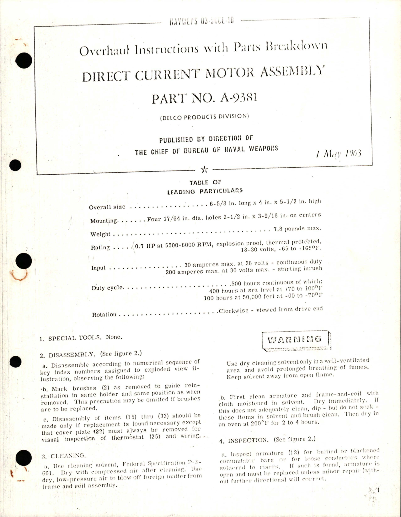 Sample page 1 from AirCorps Library document: Overhaul Instructions with Parts Breakdown for Direct Current Motor Assembly - Part A-9381