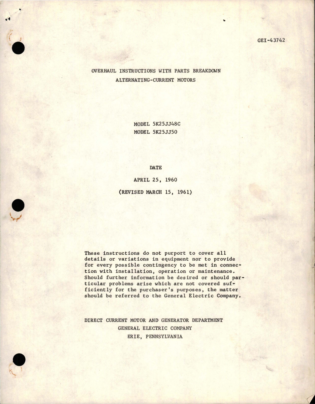 Sample page 1 from AirCorps Library document: Overhaul Instructions with Parts Breakdown for Alternating-Current Motors - Models 5K25JJ48C and 5K5JJ50