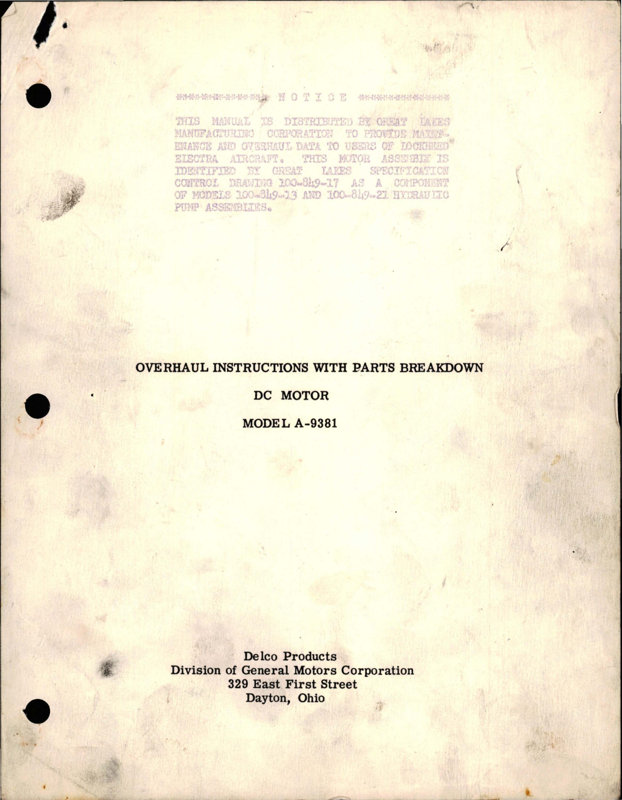 Sample page 1 from AirCorps Library document: Overhaul Instructions with Parts Breakdown for DC Motor - Model A-9381 