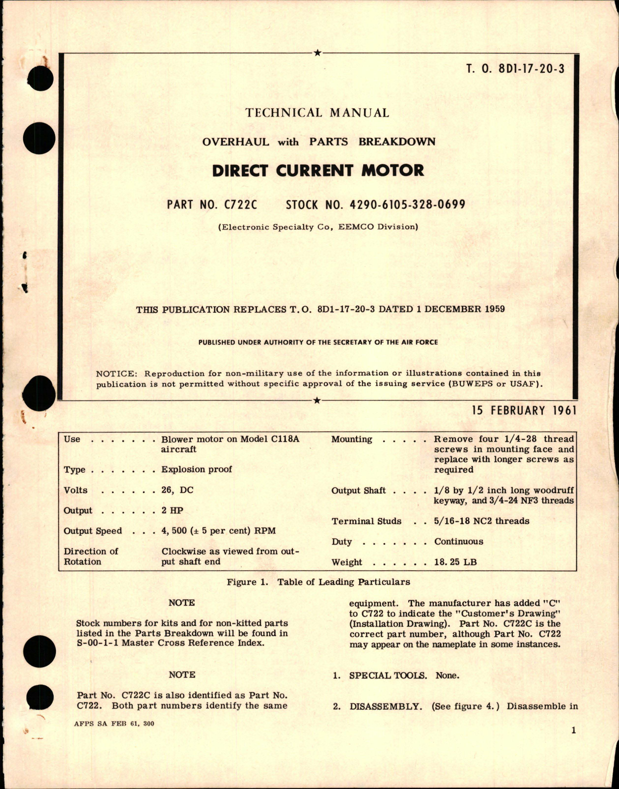 Sample page 1 from AirCorps Library document: Overhaul with Parts Breakdown for Direct Current Motor - Parts C722C 