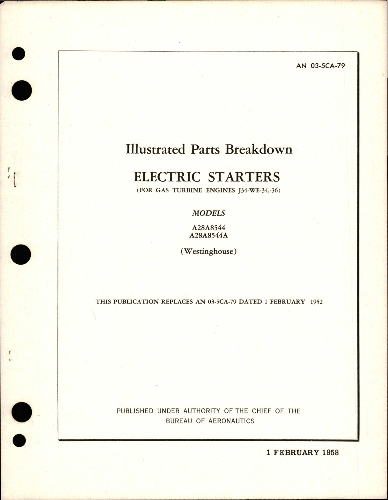 Sample page 1 from AirCorps Library document: Illustrated Parts Breakdown for Electric Starters (Gas Turbine Engines - J34-WE-34, J34-WE-36) - Models A28A8544, A28A8544A