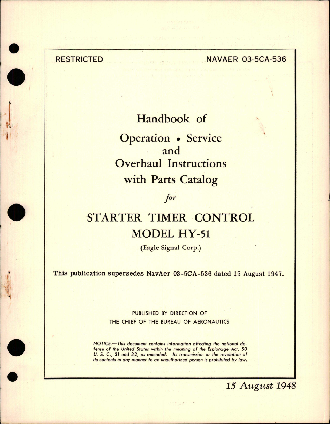 Sample page 1 from AirCorps Library document: Operation, Service, Overhaul Instructions with Parts Catalog for Starter Timer Control - Model HY-51
