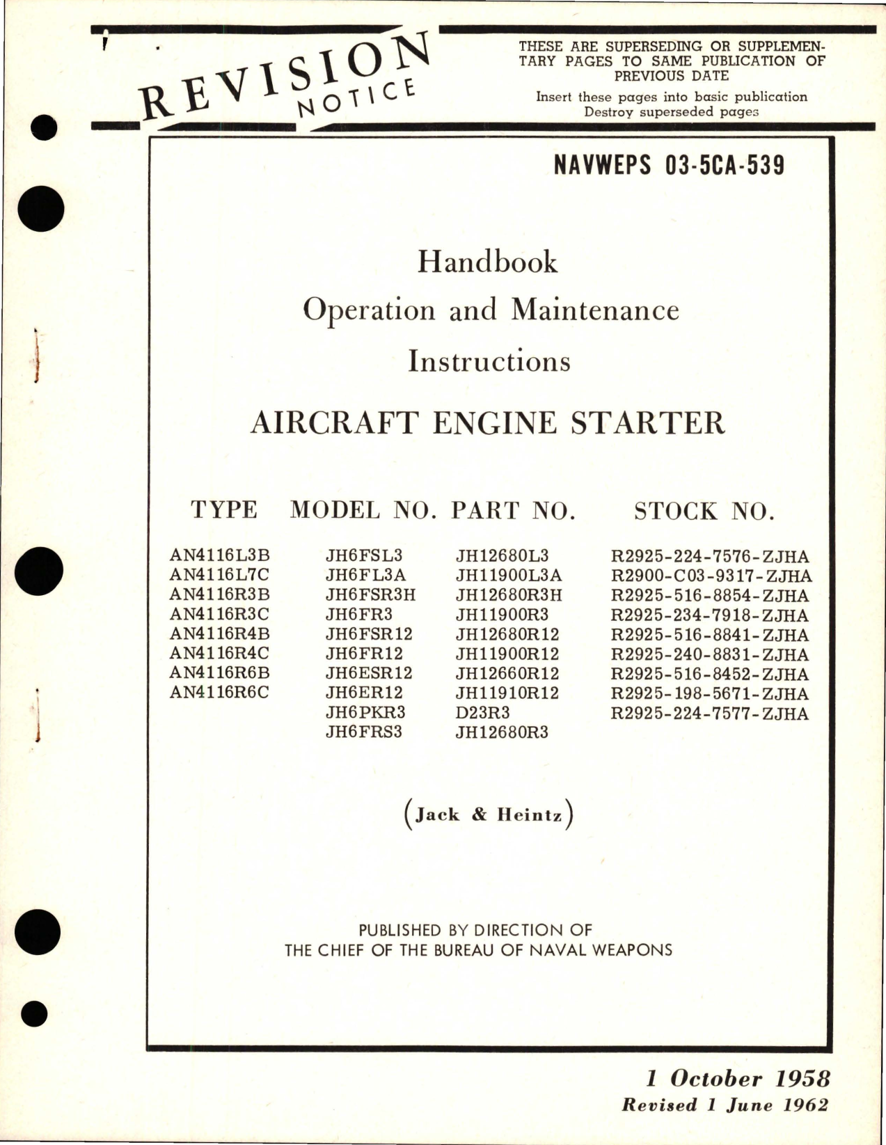Sample page 1 from AirCorps Library document: Operation and Maintenance Instructions for Engine Starter