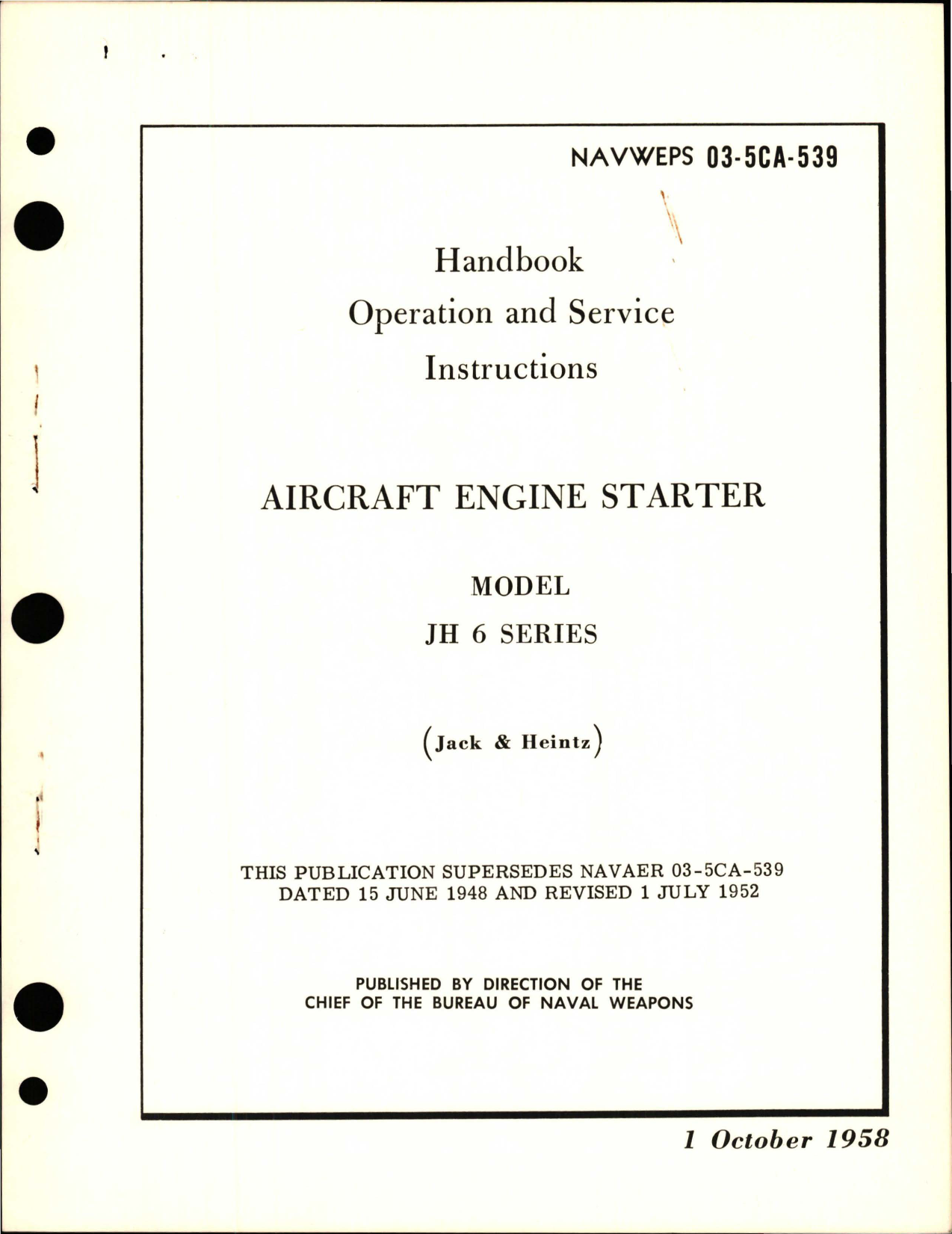 Sample page 1 from AirCorps Library document: Operation and Service Instructions for Engine Starter - Model JH 6 Series