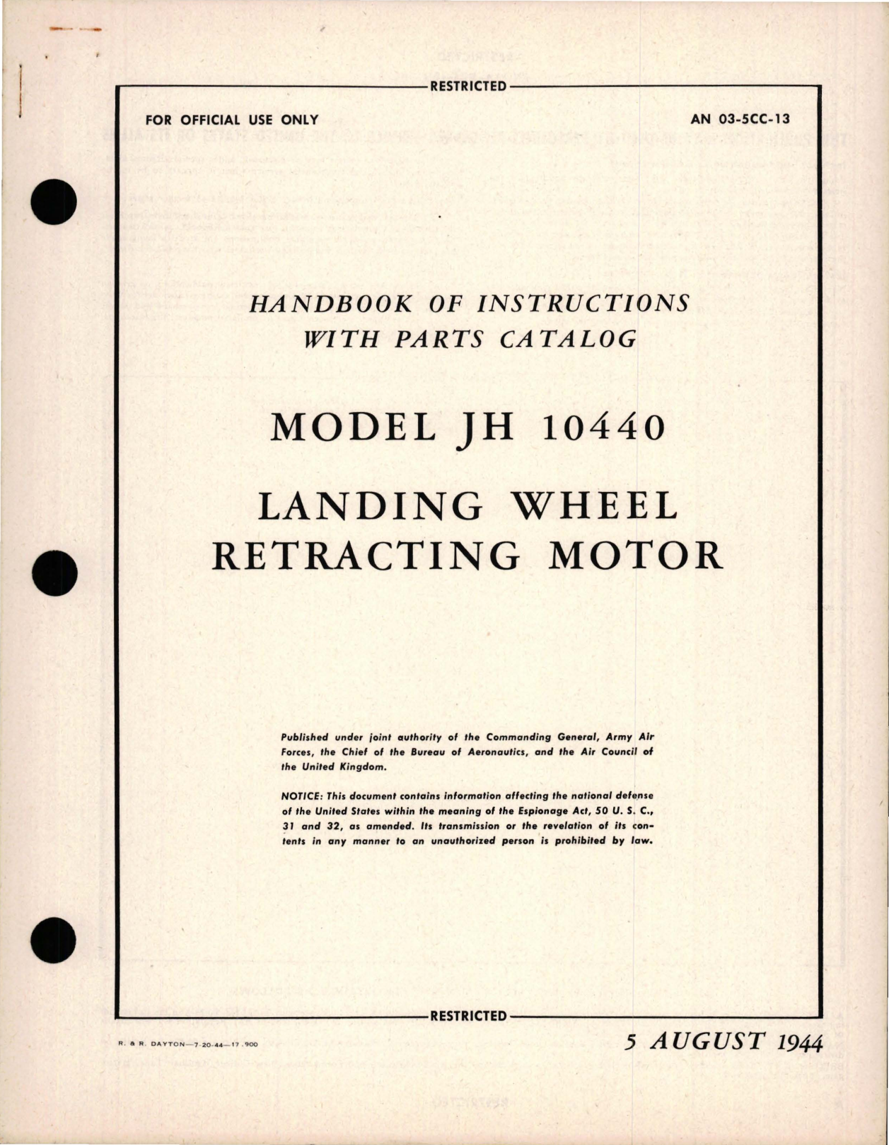 Sample page 1 from AirCorps Library document: Instructions with Parts Catalog for Landing Wheel Retracting Motor - Model JH 10440