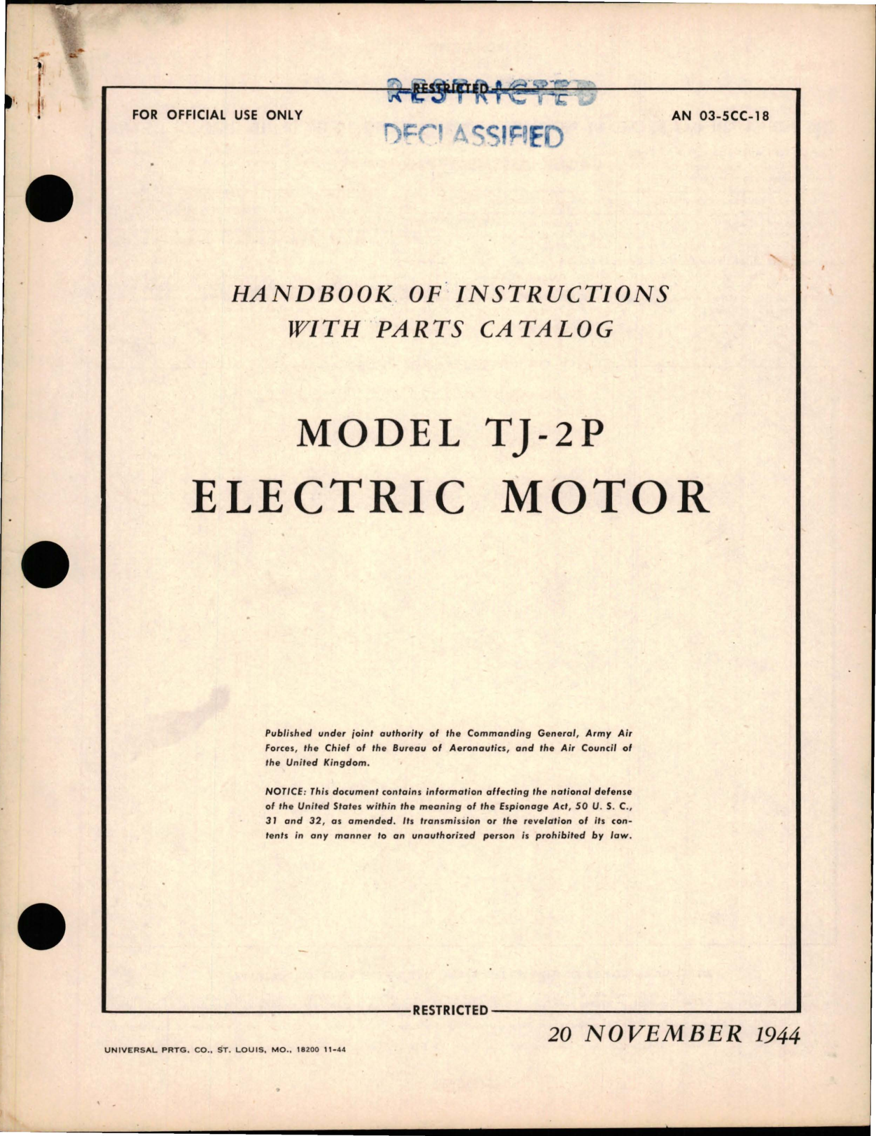 Sample page 1 from AirCorps Library document: Instructions with Parts Catalog for Electric Motor - Model TJ-2P